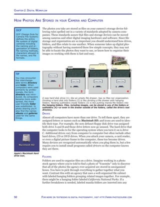 Chapter 2. Digital Workflow
50 For more on textbooks in digital photography, visit http://www.photocourse.com
How Photos Are Stored in your Camera and Computer
The photos you take are stored as files on your camera’s storage device fol-
lowing rules spelled out in a variety of standards adopted by camera com-
panies. These standards assure that files and storage devices can be moved
among cameras and other digital imaging hardware and software. Since file
storage and organization are so important you should understand how drives,
folders, and files relate to one another. When someone takes up digital pho-
tography without having mastered these few simple concepts, they may not
be able to locate the photos they want to use, or know how to organize their
images so working with them is fast and easy.
TIP
You may encounter
the interchange-
able terms directory
and folder. When
computers were used
primarily by profes-
sionals, the term
directory was intro-
duced. As computers
became more wide-
spread, the more
user-friendly folder
was substituted. In
photo sharing you’ll
also find the names
albums and galleries
used for the same
things.
A new hard disk drive (1), like an empty file drawer, has no files nor organization.
Dividing a hard disk into folders (2) is like dividing a file drawer with hanging
folders. Nesting subfolders inside folders (3) is like putting manila file folders into
the hanging folders. Files, including images, can be stored in any of the folders or
subfolders (4)—or even in the drawer outside of the folders, called the drive’s root
directory.
Drives
Almost all computers have more than one drive. To tell them apart, they are
assigned letters or names such as Macintosh HD, and icons are used to iden-
tify their type. For example, the now defunct floppy disk drive was assigned
both drive A and B and those drive letters now go unused. The hard drive that
the computer looks to for the operating system when you turn it on is drive
C. Additional drives vary from computer to computer but often include other
hard drives, CD or DVD drives. When you attach your camera, a card reader,
or even a digital picture frame to the computer, these too become drives.
Many devices are recognized automatically when you plug them in, but a few
require you to install small programs called drivers so the computer knows
they are there.
Folders
Folders are used to organize files on a drive. Imagine working in a photo
stock agency where you’re told to find a photo of “Yosemite” only to discover
that all of the photos the agency ever acquired are stored in unorganized
boxes. You have to pick through everything to gather together what you
want. Contrast this with an agency that uses a well-organized file cabinet
with labeled hanging folders grouping related images together. For example,
there might be a hanging folder labeled California National Parks. If a
further breakdown is needed, labeled manila folders are inserted into any
DCF
DCF (Design Rule for
Camera File System)
defines the entire
file system of digital
cameras including
the naming and or-
ganization of folders,
file naming methods,
characters allowed in
file names, and file
formats.
Apple’s Macintosh Hard
drive icon.
 