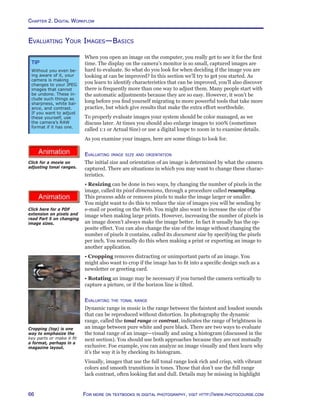 Chapter 2. Digital Workflow
66 For more on textbooks in digital photography, visit http://www.photocourse.com
http://www.photocourse.com/itext/pixels/pixels.pdf
http://www.photocourse.com/itext/tonalrange/
Evaluating Your Images—Basics
When you open an image on the computer, you really get to see it for the first
time. The display on the camera’s monitor is so small, captured images are
hard to evaluate. So what do you look for when deciding if the image you are
looking at can be improved? In this section we’ll try to get you started. As
you learn to identify characteristics that can be improved, you’ll also discover
there is frequently more than one way to adjust them. Many people start with
the automatic adjustments because they are so easy. However, it won’t be
long before you find yourself migrating to more powerful tools that take more
practice, but which give results that make the extra effort worthwhile.
To properly evaluate images your system should be color managed, as we
discuss later. At times you should also enlarge images to 100% (sometimes
called 1:1 or Actual Size) or use a digital loupe to zoom in to examine details.
As you examine your images, here are some things to look for.
Evaluating image size and orientation
The initial size and orientation of an image is determined by what the camera
captured. There are situations in which you may want to change these charac-
teristics.
• Resizing can be done in two ways, by changing the number of pixels in the
image, called its pixel dimensions, through a procedure called resampling.
This process adds or removes pixels to make the image larger or smaller.
You might want to do this to reduce the size of images you will be sending by
e-mail or posting on the Web. You might also want to increase the size of the
image when making large prints. However, increasing the number of pixels in
an image doesn’t always make the image better. In fact it usually has the op-
posite effect. You can also change the size of the image without changing the
number of pixels it contains, called its document size by specifying the pixels
per inch. You normally do this when making a print or exporting an image to
another application.
• Cropping removes distracting or unimportant parts of an image. You
might also want to crop if the image has to fit into a specific design such as a
newsletter or greeting card.
• Rotating an image may be necessary if you turned the camera vertically to
capture a picture, or if the horizon line is tilted.
Evaluating the tonal range
Dynamic range in music is the range between the faintest and loudest sounds
that can be reproduced without distortion. In photography the dynamic
range, called the tonal range or contrast, indicates the range of brightness in
an image between pure white and pure black. There are two ways to evaluate
the tonal range of an image—visually and using a histogram (discussed in the
next section). You should use both approaches because they are not mutually
exclusive. Foe example, you can analyze an image visually and then learn why
it’s the way it is by checking its histogram.
Visually, images that use the full tonal range look rich and crisp, with vibrant
colors and smooth transitions in tones. Those that don’t use the full range
lack contrast, often looking flat and dull. Details may be missing in highlight
Tip
Without you even be-
ing aware of it, your
camera is making
changes to your JPEG
images that cannot
be undone. These in-
clude such things as
sharpness, white bal-
ance, and contrast.
If you want to adjust
these yourself, use
the camera’s RAW
format if it has one.
Cropping (top) is one
way to emphasize the
key parts or make it fit
a format, perhaps in a
magazine layout.
Click for a movie on
adjusting tonal ranges.
Click here for a PDF
extension on pixels and
read Part 5 on changing
image sizes.
 