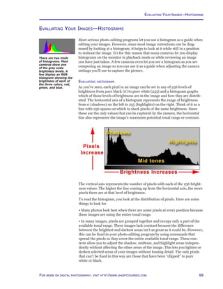 69For more on digital photography, visit http://www.shortcourses.com
Evaluating Your Images—Histograms
Most serious photo-editing programs let you use a histogram as a guide when
editing your images. However, since most image corrections can be diag-
nosed by looking at a histogram, it helps to look at it while still in a position
to reshoot the image. It’s for this reason that many cameras let you display
histograms on the monitor in playback mode or while reviewing an image
you have just taken. A few cameras even let you see a histogram as you are
composing an image so you can use it as a guide when adjusting the camera
settings you’ll use to capture the picture.
Evaluating histograms
As you’ve seen, each pixel in an image can be set to any of 256 levels of
brightness from pure black (0) to pure white (255) and a histogram graphs
which of those levels of brightness are in the image and how they are distrib-
uted. The horizontal axis of a histogram represents the range of brightness
from 0 (shadows) on the left to 255 (highlights) on the right. Think of it as a
line with 256 spaces on which to stack pixels of the same brightness. Since
these are the only values that can be captured by the camera, the horizontal
line also represents the image’s maximum potential tonal range or contrast.
The vertical axis represents the number of pixels with each of the 256 bright-
ness values. The higher the line coming up from the horizontal axis, the more
pixels there are at that level of brightness.
To read the histogram, you look at the distribution of pixels. Here are some
things to look for.
• Many photos look best when there are some pixels at every position because
these images are using the entire tonal range.
• In many images, pixels are grouped together and occupy only a part of the
available tonal range. These images lack contrast because the difference
between the brightest and darkest areas isn’t as great as it could be. However,
this can be fixed in your photo-editing program by using commands that
spread the pixels so they cover the entire available tonal range. These con-
trols allow you to adjust the shadow, midtone, and highlight areas indepen-
dently without affecting the other areas of the image. This lets you lighten or
darken selected areas of your images without loosing detail. The only pixels
that can’t be fixed in this way are those that have been “clipped” to pure
white or black.
There are two kinds
of histograms. Most
cameras show one
of the gray scale
brightness levels. A
few display an RGB
histogram showing the
brightness of each of
the three colors, red,
green, and blue.
Evaluating Your Images—Histograms
 