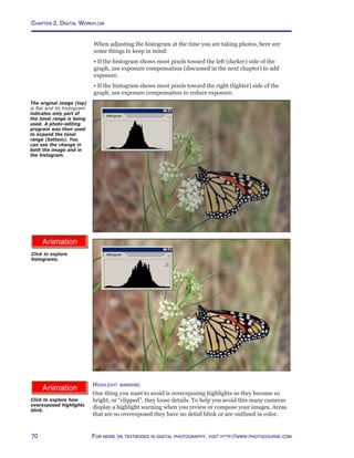 Chapter 2. Digital Workflow
70 For more on textbooks in digital photography, visit http://www.photocourse.com
http://www.photocourse.com/itext/histogram/
Click to explore
histograms.
http://www.photocourse.com/itext/highlight/Highlight warning
One thing you want to avoid is overexposing highlights so they become so
bright, or “clipped”, they loose details. To help you avoid this many cameras
display a highlight warning when you review or compose your images. Areas
that are so overexposed they have no detail blink or are outlined in color.
Click to explore how
overexposed highlights
blink.
The original image (top)
is flat and its histogram
indicates only part of
the tonal range is being
used. A photo-editing
program was then used
to expand the tonal
range (bottom). You
can see the change in
both the image and in
the histogram.
When adjusting the histogram at the time you are taking photos, here are
some things to keep in mind:
• If the histogram shows most pixels toward the left (darker) side of the
graph, use exposure compensation (discussed in the next chapter) to add
exposure.
• If the histogram shows most pixels toward the right (lighter) side of the
graph, use exposure compensation to reduce exposure.
 