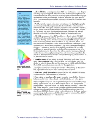 81For more on digital photography, visit http://www.shortcourses.com
• Adobe RGB has a wider gamut than sRGB and is often used when the goal
is making high-quality prints. One drawback is that images using this color
have subdued colors when displayed on a display because almost all displays
are based on the sRGB color space. However, if you use this space, Photo-
shop, Lightroom and other products can convert it to sRGB without any loss
in quality.
• ProPhoto is the largest color space currently used in digital photography
and the only one that has a gamut that includes all of the colors a camera
can capture. This color space can cause problems when used with 8 bit JPEG
images. There are so many fewer levels of tones (256 versus a RAW image’s
65,536) that if you make any large adjustments to the image you may get
banding, noticeable transitions in what should be smooth gradations.
• CIE LAB (pronounced “see-lab”), and its very closely related CIE XYZ,
are different but important kinds of color spaces although you don’t interact
with them directly. Unlike the other color spaces CIE LAB arranges colors
based on how we perceive them rather than on any particular device. For
this reason this color space is called “device-independent” (although if there
were a device, it would be the human eye). The space contains almost all of
the colors a human can perceive. (Interestingly, the actual CIE LAB color
model can’t be accurately printed or displayed because no device has all of
the required colors.) In the section that follows on color management you’ll
see how this color space plays an important role in moving images from the
camera to the screen and then to the printer while keeping colors constant on
all of these different devices.
• Working space. When editing an image, the editing application lets you
select a working space so the colors are what you expect to see when you
display or print the image. The working space can be sRGB, Adobe RGB, Pro-
Photo RGB or any other space supported by the application.
Although a color space is initially embedded in a JPEG image by the camera
that captured it there are two ways to change the color space.
• Attaching a new color space changes the look and colors of the image
without changing the color values of each pixel.
• Converting to another color space keeps the image looking the same,
but converts the color values of each pixel to fit into the new color space.
When using Photoshop you can assign different profiles and watch the image
change appearance as you do so. This is a good way to find the space that
works best for a particular image. The widest possible gamut isn’t always the
best choice. A smaller gamut such as sRGB has smaller spaces between the
colors so smooth gradations, such as those found in skin tones, are repro-
duced more faithfully. However, if the center of interest in the image is a fluo-
rescent orange traffic cone, most of its colors might be outside of the sRGB’s
gamut so ProPhoto would be a better choice.
CMYK uses cyan,
magenta, yellow (and
black) to form all other
colors.
Tips
• In color manage-
ment, the term
“space” is so widely
used that it’s lost
any specific mean-
ing other than the
distribution of RGB
or CMYK colors into
a three dimensional
chart that shows
their relationships.
• The CMY color
model is more often
called CMYK with
the “K” standing for
black. Black is need-
ed because although
mixing CMY at 100%
should create black,
it’s a muddy black.
sRGB’s gamut plotted
against the larger CIE
LAB.
Color Management—Color Models and Color Spaces
 