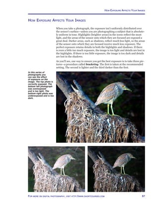 87For more on digital photography, visit http://www.shortcourses.com
How Exposure Affects Your Images
When you take a photograph, the exposure isn’t uniformly distributed over
the sensor’s surface—unless you are photographing a subject that is absolute-
ly uniform in tone. Highlights (brighter areas) in the scene reflect the most
light, and the areas of the sensor onto which they are focused are exposed a
great deal. Darker areas, such as shadows, reflect much less light, so the areas
of the sensor onto which they are focused receive much less exposure. The
perfect exposure retains details in both the highlights and shadows. If there
is even a little too much exposure, the image is too light and details are lost in
the highlights. If there is too little exposure, the image is too dark and details
are lost in the shadows.
As you’ll see, one way to ensure you get the best exposure is to take three pic-
tures—a procedure called bracketing. The first is taken at the recommended
setting. The second is lighter and the third darker than the first.
In this series of
photographs you
can see the effect
of exposure on the
image. The top photo is
correctly exposed. The
bottom left photograph
was overexposed
and is too light. The
bottom-right photo was
underexposed and is too
dark.
How Exposure Affects Your Images
 