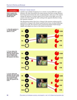 Chapter 3. Controlling Exposure
98 For more on textbooks in digital photography, visit http://www.photocourse.com
http://www.photocourse.com/itext/seesaw/Exposure—seesaw analogy
Another way to think of exposure is as a seesaw. As one child rises a given
distance, the other descends by the same amount, but their average distance
from the ground remains the same. In photography, when you or the camera
change the aperture or shutter speed to let in more or less light, you or the
camera must also change the other setting in the opposite direction to keep
the exposure constant.
The illustrations below show how a change in the aperture setting must be
matched by a change in the shutter speed and vice versa. As these offsetting
changes are made, the exposure stays constant but depth of field changes
slightly and subjects are more or less likely to be blurred.
1. Here the aperture is
f/4 and the shutter
speed is 1/125.
2. If you reduce the
aperture one stop to
f/5.6 the shutter speed
has to decrease one
stop to 1/60 to keep
the exposure the same.
3. If you reduce the
aperture one more stop
to f/8 the shutter speed
has to decrease one
more stop to 1/30 to
keep the exposure the
same.
Click to explore the
relationship between
the aperture and
shutter speed.
 