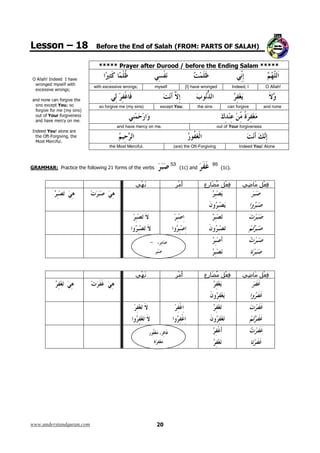 Lesson – 18

Before the End of Salah (FROM: PARTS OF SALAH)
***** Prayer after Durood / before the Ending Salam *****

with excessive wrongs;

myself

so forgive me (my sins)

[I] have wronged

except You;

and have mercy on me.

the Most Merciful.

O Allah!

can forgive

the sins

Indeed, I

and none

out of Your forgiveness

(are) the Oft-Forgiving

53

;sgnorw evissecxe
htiw flesym degnorw
evah I deednI !hallA O
.em no ycrem evah dna
ssenevigrof r u o Y fo tuo
)snis ym( em rof evigrof
os ;uoY tpecxe snis
eht evigrof nac enon dna
.luficreM tsoM
eht ,gnivigroF-tfO eht
era enola !uoY deednI

GRAMMAR: Practice the following 21 forms of the verbs

(1c) and

95

Indeed You! Alone

(1c).

َْ

‫ُ َ ِع‬
‫ر‬

ِْ

ِ َ

ِْ

َْ

www.understandquran.com

ْ‫أ‬

ْ‫أ‬

‫ُ َ ِع‬
‫ر‬

ِْ

ِ َ

ِْ

20

 