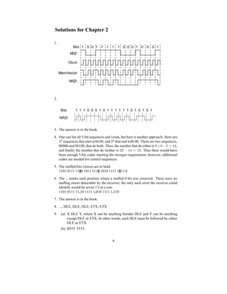 Solutions for Chapter 2
1.
Clock
Bits 1 0 0 1 1 1 1 1 0 0 0 1 0 0 0 1
NRZ
Manchester
NRZI
2. See the figure below.
Bits 1 1 1 0 0 0 1 0 1 1 1 1 1 1 0 1 0 1 0 1
NRZI
3. The answer is in the book.
4. One can list all 5-bit sequences and count, but here is another approach: there are
23
sequences that start with 00, and 23
that end with 00. There are two sequences,
00000 and 00100, that do both. Thus, the number that do either is 8+8−2 = 14,
and finally the number that do neither is 32 − 14 = 18. Thus there would have
been enough 5-bit codes meeting the stronger requirement; however, additional
codes are needed for control sequences.
5. The stuffed bits (zeros) are in bold:
1101 0111 1100 1011 1110 1010 1111 1011 0
6. The ∧ marks each position where a stuffed 0 bit was removed. There were no
stuffing errors detectable by the receiver; the only such error the receiver could
identify would be seven 1’s in a row.
1101 0111 11∧10 1111 1∧010 1111 1∧110
7. The answer is in the book.
8. ..., DLE, DLE, DLE, ETX, ETX
9. (a) X DLE Y, where X can be anything besides DLE and Y can be anything
except DLE or ETX. In other words, each DLE must be followed by either
DLE or ETX.
(b) 0111 1111.
9
 