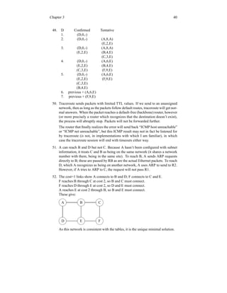 Chapter 3 40
48. D Confirmed Tentative
1. (D,0,-)
2. (D,0,-) (A,8,A)
(E,2,E)
3. (D,0,-) (A,8,A)
(E,2,E) (B,4,E)
(C,3,E)
4. (D,0,-) (A,6,E)
(E,2,E) (B,4,E)
(C,3,E) (F,9,E)
5. (D,0,-) (A,6,E)
(E,2,E) (F,9,E)
(C,3,E)
(B,4,E)
6. previous + (A,6,E)
7. previous + (F,9,E)
50. Traceroute sends packets with limited TTL values. If we send to an unassigned
network, then as long as the packets follow default routes, traceroute will get nor-
mal answers. When the packet reaches a default-free (backbone) router, however
(or more precisely a router which recognizes that the destination doesn’t exist),
the process will abruptly stop. Packets will not be forwarded further.
The router that finally realizes the error will send back “ICMP host unreachable”
or “ICMP net unreachable”, but this ICMP result may not in fact be listened for
by traceroute (is not, in implementations with which I am familiar), in which
case the traceroute session will end with timeouts either way.
51. A can reach B and D but not C. Because A hasn’t been configured with subnet
information, it treats C and B as being on the same network (it shares a network
number with them, being in the same site). To reach B, A sends ARP requests
directly to B; these are passed by RB as are the actual Ethernet packets. To reach
D, which A recognizes as being on another network, A uses ARP to send to R2.
However, if A tries to ARP to C, the request will not pass R1.
52. The cost=1 links show A connects to B and D; F connects to C and E.
F reaches B through C at cost 2, so B and C must connect.
F reaches D through E at cost 2, so D and E must connect.
A reaches E at cost 2 through B, so B and E must connect.
These give:


A


D


B


E


C


F
As this network is consistent with the tables, it is the unique minimal solution.
 