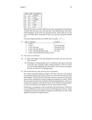 Chapter 3 44
node seq# connects to
A 2 B,C,D
B 2 A,C
C 2 A,B,D
D 2 A,C
F 2 G
G 2 F,H
H 1 G
When the B–F link is restored, OSPF has B and F exchange their full databases
of all the LSPs they have seen with each other. Each then floods the other side’s
LSPs throughout its side of the now-rejoined network. These LSPs are as in the
rows of the table above, except that B and F now each have sequence numbers
of 3.
The initial sequence number of an OSPF node is actually −231
+ 1.
62. Step confirmed tentative
1 (A,0,-)
2 (A,0,-) (D,2,D) (B,5,B)
3 (A,0,-) (D,2,D) (B,4,D) (E,7,D)
4 (A,0,-) (D,2,D) (B,4,D) (E,6,D) (C,8,D)
5 (A,0,-) (D,2,D) (B,4,D) (E,6,D) (C,7,D)
6 (A,0,-) (D,2,D) (B,4,D) (E,6,D) (C,7,D)
63. The answer is in the book.
64. (a) This could happen if the link changed state recently, and one of the two
LSP’s was old.
(b) If flooding is working properly, and if A and B do in fact agree on the state
of the link, then eventually (rather quickly) whichever of the two LSP’s
was old would be updated by the same sender’s newer version, and reports
from the two sides of C would again agree.
65. This exercise does not, alas, quite live up to its potential.
The central idea behind Ethernet bridges is that they learn new host locations
by examining ordinary data packets, and do not receive new-host notices from
other bridges. Thus the first part of the final sentence of the exercise effectively
removes from consideration a genuine bridge-style approach for routers. While
there are good reasons for this, outlined in the final paragraph below, a better way
to phrase this might be to ask why IP routers do not work like learning bridges,
or, even more basically, why bridges do not use vector-distance routing.
Furthermore, a consequence of the second half of the final sentence is that there
is no real difference in the cases (a) and (b) with bridge-style learning. Proper
configuration would prevent address-assignment inconsistencies in each, which
apparently had been the original concern.
 