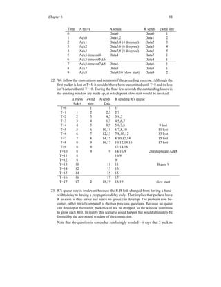 Chapter 6 84
Time A recvs A sends R sends cwnd size
0 Data0 Data0 1
1 Ack0 Data1,2 Data1 2
2 Ack1 Data3,4 (4 dropped) Data2 3
3 Ack2 Data5,6 (6 dropped) Data3 4
4 Ack3 Data7,8 (8 dropped) Data5 5
5 Ack3/timeout4 Data4 Data7 1
6 Ack3/timeout56 Data4 1
7 Ack5/timeout78 Data6 Data6 1
8 Ack7 Data8 Data8 1
9 Ack8 Data9,10 (slow start) Data9 2
22. We follow the conventions and notation of the preceding exercise. Although the
first packet is lost at T=4, it wouldn’t have been transmitted until T=8 and its loss
isn’t detected until T=10. During the final few seconds the outstanding losses in
the existing window are made up, at which point slow start would be invoked.
A recvs cwnd A sends R sending/R’s queue
Ack # size Data
T=0 1 1 1/
T=1 1 2 2,3 2/3
T=2 2 3 4,5 3/4,5
T=3 3 4 6,7 4/5,6,7
T=4 4 5 8,9 5/6,7,8 9 lost
T=5 5 6 10,11 6/7,8,10 11 lost
T=6 6 7 12,13 7/8,10,12 13 lost
T=7 7 8 14,15 8/10,12,14 15 lost
T=8 8 9 16,17 10/12,14,16 17 lost
T=9 8 9 12/14,16
T=10 8 9 9 14/16,9 2nd duplicate Ack8
T=11 8 16/9
T=12 8 9/
T=13 10 11 11/ B gets 9
T=14 12 13 13/
T=15 14 15 15/
T=16 16 17 17/
T=17 17 2 18,19 18/19 slow start
23. R’s queue size is irrelevant because the R-B link changed from having a band-
width delay to having a propagation delay only. That implies that packets leave
R as soon as they arrive and hence no queue can develop. The problem now be-
comes rather trivial compared to the two previous questions. Because no queue
can develop at the router, packets will not be dropped, so the window continues
to grow each RTT. In reality this scenario could happen but would ultimately be
limited by the advertised window of the connection.
Note that the question is somewhat confusingly worded—it says that 2 packets
 