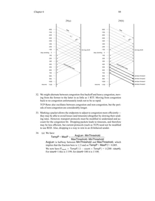 Chapter 6 88
-100
0
100
200
300
400
500
600
700
800
900
1000
1100
3rd dup ACK
data
ack
retransmitted data
resume
stop sending
-200
-300
-400
-500
-600
-700
-800
-100
0
100
200
300
400
500
600
700
800
900
1000
1100
3rd dup ACK
data
ack
retransmitted data
resume
stop sending
-200
-300
-400
-500
-600
-700
-800
29(a) 29(b)
window forward
window forward
window forward
window forward
32. We might alternate between congestion-free backoff and heavy congestion, mov-
ing from the former to the latter in as little as 1 RTT. Moving from congestion
back to no congestion unfortunately tends not to be so rapid.
TCP Reno also oscillates between congestion and non-congestion, but the peri-
ods of non-congestion are considerably longer.
33. Marking a packet allows the endpoints to adjust to congestion more efficiently—
they may be able to avoid losses (and timeouts) altogether by slowing their send-
ing rates. However, transport protocols must be modified to understand and ac-
count for the congestion bit. Dropping packets leads to timeouts, and therefore
may be less efficient, but current protocols (such as TCP) need not be modified
to use RED. Also, dropping is a way to rein in an ill-behaved sender.
34. (a) We have
TempP = MaxP ×
AvgLen−MinThreshold
MaxThreshold−MinThreshold
.
AvgLen is halfway between MinThreshold and MaxThreshold, which
implies that the fraction here is 1/2 and so TempP = MaxP/2 = 0.005.
We now have Pcount = TempP/(1 − count × TempP) = 1/(200−count).
For count=1 this is 1/199; for count=100 it is 1/100.
 