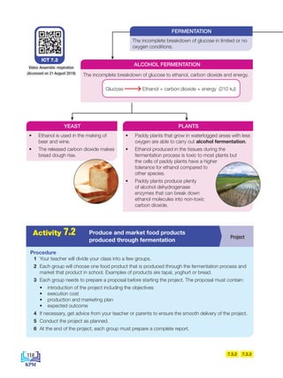 • Ethanol is used in the making of
beer and wine.
• The released carbon dioxide makes
bread dough rise.
• Paddy plants that grow in waterlogged areas with less
oxygen are able to carry out alcohol fermentation.
• Ethanol produced in the tissues during the
fermentation process is toxic to most plants but
the cells of paddy plants have a higher
tolerance for ethanol compared to
other species.
• Paddy plants produce plenty
of alcohol dehydrogenase
enzymes that can break down
ethanol molecules into non-toxic
carbon dioxide.
YEAST PLANTS
The incomplete breakdown of glucose to ethanol, carbon dioxide and energy.
Glucose Ethanol + carbon dioxide + energy (210 kJ)
ALCOHOL FERMENTATION
ICT 7.2
Video: Anaerobic respiration
(Accessed on 21 August 2019)
The incomplete breakdown of glucose in limited or no
oxygen conditions.
FERMENTATION
A
c
t
i
v
i
t
i
e
s 2
.
1 Project
Produce and market food products
produced through fermentation
Activity 7.2
Procedure
1 Your teacher will divide your class into a few groups.
2 Each group will choose one food product that is produced through the fermentation process and
market that product in school. Examples of products are tapai, yoghurt or bread.
3 Each group needs to prepare a proposal before starting the project. The proposal must contain:
• introduction of the project including the objectives
• execution cost
• production and marketing plan
• expected outcome
4 If necessary, get advice from your teacher or parents to ensure the smooth delivery of the project.
5 Conduct the project as planned.
6 At the end of the project, each group must prepare a complete report.
7.3.2 7.3.3
.
118
BioT4(NC)-B7-EN New 7th.indd 118 1/9/2020 12:11:33 PM
 