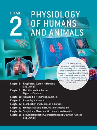 2
THEME
PHYSIOLOGY
OF HUMANS
AND ANIMALS
Chapter 8 Respiratory System in Humans
and Animals
Chapter 9 Nutrition and the Human
Digestive System
Chapter 10 Transport in Humans and Animals
Chapter 11 Immunity in Humans
Chapter 12 Coordination and Response in Humans
Chapter 13 Homeostasis and the Human Urinary System
Chapter 14 Support and Movements in Humans and Animals
Chapter 15 Sexual Reproduction, Development and Growth in Humans
and Animals
This theme aims to
provide an understanding of
the physiological processes in
humans and animals. This theme
focuses on physiological processes,
which are respiration, nutrition,
sensitivity, excretion, movement,
reproduction and growth as well
as cell division.
 