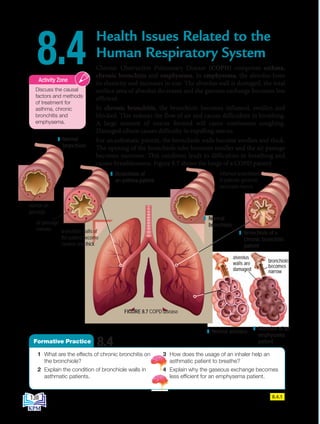 Health Issues Related to the
Human Respiratory System
Chronic Obstructive Pulmonary Disease (COPD) comprises asthma,
chronic bronchitis and emphysema. In emphysema, the alveolus loses
its elasticity and increases in size. The alveolus wall is damaged, the total
surface area of alveolus decreases and the gaseous exchange becomes less
efficient.
In chronic bronchitis, the bronchiole becomes inflamed, swollen and
blocked. This reduces the flow of air and causes difficulties in breathing.
A large amount of mucus formed will cause continuous coughing.
Damaged cilium causes difficulty in expelling mucus.
For an asthmatic patient, the bronchiole walls become swollen and thick.
The opening of the bronchiole tube becomes smaller and the air passage
becomes narrower. This condition leads to difficulties in breathing and
causes breathlessness. Figure 8.7 shows the lungs of a COPD patient.
8.4
normal air
passage
bronchiole walls of
the patient become
swollen and thick
air passage
narrows
Normal
bronchiole
Bronchiole of 		
an asthma patient
Bronchiole of a
chronic bronchitis
patient
bronchiole
becomes
narrow
alveolus
walls are
damaged
inflamed bronchioles
in patients generate
excessive mucus
Normal
bronchiole
Normal alveolus
Alveolus of an
emphysema
patient
8.4.1
FIGURE 8.7 COPD disease
Discuss the causal
factors and methods
of treatment for
asthma, chronic
bronchitis and
emphysema.
Activity Zone
1 What are the effects of chronic bronchitis on
the bronchiole?
2 Explain the condition of bronchiole walls in
asthmatic patients.
3 How does the usage of an inhaler help an
asthmatic patient to breathe?
4 Explain why the gaseous exchange becomes
less efficient for an emphysema patient.
8.4
Formative Practice
138
BioT4(NC)-B8-EN New 7th.indd 138 1/9/2020 12:10:49 PM
 