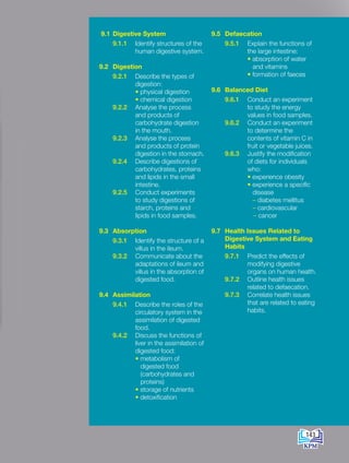 CHAPTER
9
9.1 Digestive System
9.1.1 Identify structures of the
human digestive system.
9.2 Digestion
9.2.1 Describe the types of
digestion:
		 • physical digestion
		 • chemical digestion
9.2.2 Analyse the process
and products of
carbohydrate digestion
in the mouth.
9.2.3 Analyse the process
and products of protein
digestion in the stomach.
9.2.4 Describe digestions of
carbohydrates, proteins
and lipids in the small
intestine.
9.2.5 Conduct experiments
to study digestions of
starch, proteins and
lipids in food samples.
9.3 Absorption
9.3.1 Identify the structure of a
villus in the ileum.
9.3.2 Communicate about the
adaptations of ileum and
villus in the absorption of
digested food.
9.4 Assimilation
9.4.1 Describe the roles of the
circulatory system in the
assimilation of digested
food.
9.4.2 Discuss the functions of
liver in the assimilation of
digested food:
		 • metabolism of
digested food
(carbohydrates and
proteins)
		 • storage of nutrients
		 • detoxification
9.5 Defaecation
9.5.1 Explain the functions of
the large intestine:
		 • absorption of water
and vitamins
		 • formation of faeces
9.6 Balanced Diet
9.6.1 Conduct an experiment
to study the energy
values in food samples.
9.6.2 Conduct an experiment
to determine the
contents of vitamin C in
fruit or vegetable juices.
9.6.3 Justify the modification
of diets for individuals
who:
		 • experience obesity
		 • experience a specific
disease
			 – diabetes mellitus
– cardiovascular
			 – cancer
9.7 Health Issues Related to
Digestive System and Eating
Habits
9.7.1 Predict the effects of
modifying digestive
organs on human health.
9.7.2 Outline health issues
related to defaecation.
9.7.3 Correlate health issues
that are related to eating
habits.
143
BioT4(NC)-B9-EN New 7th.indd 143 1/9/2020 12:10:03 PM
 