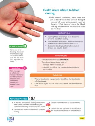 HAEMOPHILIA
• Haemophilia is an example of an illness that
prevents blood from clotting.
• Haemophilia is a hereditary illness caused by the
lack of certain clotting factors in the blood.
• Excessive bleeding due to small wounds or
bruises can result in death.
When you sit for
too long, the risk of
thrombosis in legs
will increase. Make
sure that you move
your legs once in a
while.
Our World of Biology
10.4.3
Work in groups
to collect and
interpret information
about thrombosis,
embolism and
haemophilia.
Present your
findings to the
class.
Activity Zone
THROMBOSIS
• Formation of a blood clot (thrombus).
• Thrombosis happens as a result of:
– damage in blood vessels, or
– sluggish blood flow that causes clotting factors to 		
		accumulate
EMBOLISM
• When a blood clot is transported by blood flow, the blood clot is
called embolus.
• If the embolus gets stuck in a tiny blood vessel, the blood flow will
stop.
1 At the end of the blood clotting mechanism,
fibrin will be formed to trap erythrocytes.
Explain the meaning of fibrin and its function.
2 Describe two health issues related to blood
clotting.
3 Explain the mechanism of blood clotting.
4 Explain why the formation of blood clots in
the blood vessel can cause a heart attack.
Formative Practice 10.4
Health issues related to blood
clotting
Under normal conditions, blood does not
clot in blood vessels that are not damaged
because of some anticoagulants such as
heparin. What happens when the blood
clotting mechanism of an individual does
not function?
184
BioT4(NC)-B10A-EN New 7th.indd 184 1/9/2020 12:09:39 PM
 