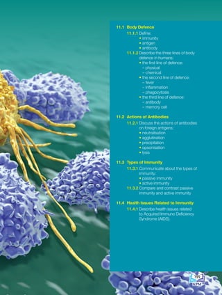 11.1 Body Defence
11.1.1 Define:
		 • immunity
		 • antigen
		 • antibody
11.1.2 Describe the three lines of body
defence in humans:
		 • the first line of defence:
– physical
			 – chemical
		 • the second line of defence:
– fever
			 – inflammation
– phagocytosis
		 • the third line of defence:
– antibody
			 – memory cell
11.2 Actions of Antibodies
11.2.1 Discuss the actions of antibodies
on foreign antigens:
		 • neutralisation
		 • agglutination
		 • precipitation
		 • opsonisation
		 • lysis
11.3 Types of Immunity
11.3.1 Communicate about the types of
immunity:
		 • passive immunity
		 • active immunity
11.3.2 Compare and contrast passive
immunity and active immunity
11.4 Health Issues Related to Immunity
11.4.1 Describe health issues related
to Acquired Immuno Deficiency
Syndrome (AIDS).
199
199
BioT4(6th)-B11-FA-EN New 7th.indd 199 1/9/2020 11:58:22 AM
 
