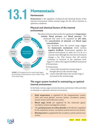 Homeostasis
Homeostasis
Homeostasis is the regulation of physical and chemical factors of the
internal environment within normal ranges for the cell to function in
optimum conditions.
Physical and chemical factors of the internal
environment
The physical factors that need to be regulated are temperature,
osmotic blood pressure and blood pressure. The
chemicals that need to be regulated are pH value,
the concentration of minerals and blood sugar
concentrations.
Any deviation from the normal range triggers
the homeostatic mechanism which involves
negative feedback. Homeostasis regulates the
internal environment in order for it to be in a
constant state although the external environment
changes a lot. This ensures that cell activity
continues to function at the optimum level.
Figure13.1showsthenegativefeedbackmechanism
of homeostasis.
In homeostasis,
(a)	
a factor that exceeds the normal range is
brought down to the normal range
(b)	
a factor that falls below the normal range is
increased to the normal range
The organ system involved in maintaining an optimal
internal environment
In the body, various organ systems function and interact with each other
to maintain an optimum internal environment.
13.1
13.1.3
13.1.2
13.1.1
FIGURE 13.1 Deviation from the normal range triggers
the mechanism of homeostasis to return a factor’s value
to the normal range
V
a
l
u
e
d
ecreases Value inc
r
e
a
s
e
s
Homeostatic
mechanism
Regulatory
system
Regulatory
system
Normal
range
Normal
range
V
a
l
u
e
i
n
creases Value de
c
r
e
a
s
e
s
• Body temperature is regulated by the integumentary system
(skin and sweat glands), nervous system, circulatory system,
muscle system and endocrine system.
• Blood sugar levels are regulated by the endocrine gland,
circulatory system and digestive system.
• The partial pressure of carbon dioxide in the blood is regulated
by the respiratory system, circulatory system and nervous system.
• Bloodpressure is regulated by the circulatory system and nervous
system.
246
DLP_Biology_F4 (Loo)_13_7PP.indd 246 11/12/19 7:10 PM
 