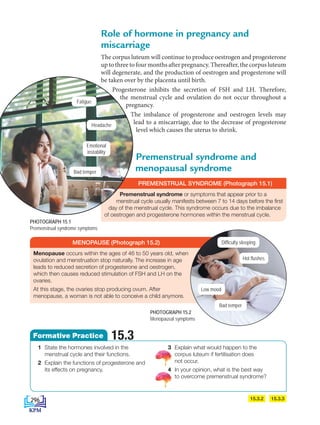 Role of hormone in pregnancy and
miscarriage
The corpus luteum will continue to produce oestrogen and progesterone
up to three to four months after pregnancy. Thereafter, the corpus luteum
will degenerate, and the production of oestrogen and progesterone will
be taken over by the placenta until birth.
Progesterone inhibits the secretion of FSH and LH. Therefore,
the menstrual cycle and ovulation do not occur throughout a
pregnancy.
The imbalance of progesterone and oestrogen levels may
lead to a miscarriage, due to the decrease of progesterone
level which causes the uterus to shrink.
15.3.2 15.3.3
Premenstrual syndrome or symptoms that appear prior to a
menstrual cycle usually manifests between 7 to 14 days before the first
day of the menstrual cycle. This syndrome occurs due to the imbalance
of oestrogen and progesterone hormones within the menstrual cycle.
Menopause occurs within the ages of 46 to 50 years old, when
ovulation and menstruation stop naturally. The increase in age
leads to reduced secretion of progesterone and oestrogen,
which then causes reduced stimulation of FSH and LH on the
ovaries.
At this stage, the ovaries stop producing ovum. After
menopause, a woman is not able to conceive a child anymore.
PREMENSTRUAL SYNDROME (Photograph 15.1)
MENOPAUSE (Photograph 15.2)
PHOTOGRAPH 15.1
Premenstrual syndrome symptoms
PHOTOGRAPH 15.2
Menopausal symptoms
Bad temper
Fatigue
Difficulty sleeping
Hot flushes
Low mood
Bad temper
Headache
Emotional
instability
Premenstrual syndrome and
menopausal syndrome
1 State the hormones involved in the
menstrual cycle and their functions.
2 Explain the functions of progesterone and
its effects on pregnancy.
3 Explain what would happen to the
corpus luteum if fertilisation does
not occur.
4 In your opinion, what is the best way
to overcome premenstrual syndrome?
15.3
Formative Practice
296
DLP_Biology_F4_15_(Loo)_9PP.indd 296 11/13/19 11:47 AM
 