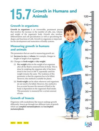 Growth in Humans and
Animals
15.7
Growth in organisms
Growth in organisms is an irreversible, permanent process
that involves the increase in the number of cells, size, volume
and weight of the organism’s body. Growth also involves
differentiation and cell specialisation as well as specialising the
shapes and functions of cells. Growth in organisms is important
for the development and maturation of bodily systems.
Measuring growth in humans
and animals
The parameters that are used in measuring growth are:
(a) Increase in size or volume, for example, changes in
height or length of an organism
(b) Changes in fresh weight or dry weight:
(i)	
Dry weight refers to the weight of an organism
after all the fluid is removed from its body. This is
done by weighing the organism after it has been
dried in the oven at 100 °C repeatedly until the
weight remains the same. The weakness of this
parameter is that the organism has to be killed.
However, this method is suitable for plants.
(ii)	
Fresh weight can be taken whenever and organisms
do not need to be killed. However, this method is
less accurate because the amount of fluid in the
body is dependent on the organism’s fluid intake.
This parameter is measured for a certain amount
of time.
Growth of Insects
Organisms with exoskeletons like insects undergo growth
differently. Insects go through two different types of growth
which are complete metamorphosis and incomplete
metamorphosis.
15.7.1 15.7.2 15.7.3 303
CHAPTER
15
DLP_Biology_F4_15_(Loo)_9PP.indd 303 11/13/19 11:48 AM
 