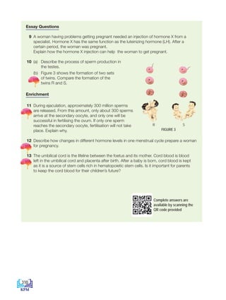 Essay Questions
9 A woman having problems getting pregnant needed an injection of hormone X from a
specialist. Hormone X has the same function as the luteinizing hormone (LH). After a
certain period, the woman was pregnant.
Explain how the hormone X injection can help the woman to get pregnant.
10 (a)	
Describe the process of sperm production in
the testes.
		(b) Figure 3 shows the formation of two sets
of twins. Compare the formation of the
twins R and S.
Enrichment
11 During ejaculation, approximately 300 million sperms
are released. From this amount, only about 300 sperms
arrive at the secondary oocyte, and only one will be
successful in fertilising the ovum. If only one sperm
reaches the secondary oocyte, fertilisation will not take
place. Explain why.
12 Describe how changes in different hormone levels in one menstrual cycle prepare a woman
for pregnancy.
13 The umbilical cord is the lifeline between the foetus and its mother. Cord blood is blood
left in the umbilical cord and placenta after birth. After a baby is born, cord blood is kept
as it is a source of stem cells rich in hematopoietic stem cells. Is it important for parents
to keep the cord blood for their children’s future?
FIGURE 3
R S
Complete answers are
available by scanning the
QR code provided
310
DLP_Biology_F4_15_(Loo)_9PP.indd 310 11/13/19 11:48 AM
 