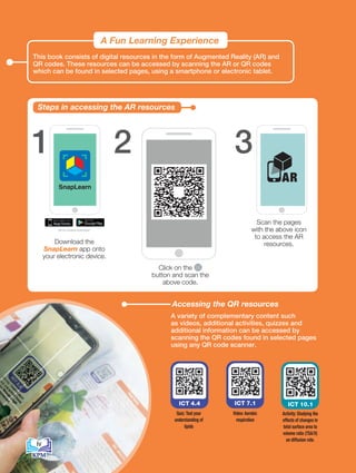 iv
This book consists of digital resources in the form of Augmented Reality (AR) and
QR codes. These resources can be accessed by scanning the AR or QR codes
which can be found in selected pages, using a smartphone or electronic tablet.
A Fun Learning Experience
Steps in accessing the AR resources
1 3
Scan
SnapLearn
1 2
Download
Snaplearn APP
Activate by scanning
this QR Code
Exciting New Experience While Reading
Scan to
experience AR
iOS 7.0 or Android 4.0 and above
3
SnapLearn
1 2
Download
Snaplearn APP
Activa
th
Exciting New Exp
iOS 7.0 o
Scan
SnapLearn
1 2
Download
Snaplearn APP
Activate by scanning
this QR Code
Exciting New Experience While Reading
Scan to
experience AR
iOS 7.0 or Android 4.0 and above
3
Download the
SnapLearn app onto
your electronic device.
Scan the pages
with the above icon
to access the AR
resources.
2 Scan
SnapLearn
2
Download
naplearn APP
Activate by scanning
this QR Code
Exciting New Experience While Reading
Scan to
experience A
iOS 7.0 or Android 4.0 and above
3
AR
Accessing the QR resources
A variety of complementary content such
as videos, additional activities, quizzes and
additional information can be accessed by
scanning the QR codes found in selected pages
using any QR code scanner.
Click on the
button and scan the
above code.
ICT 4.4
Activity: Studying the
effects of changes in
total surface area to
volume ratio (TSA/V)
on diffusion rate.
iv
ICT 7.1
Quiz: Test your
understanding of
lipids
ICT 10.1
Video: Aerobic
respiration
 