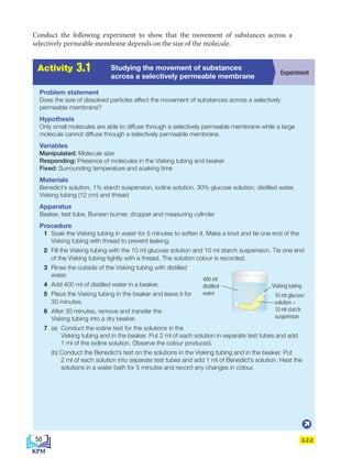 Problem statement
Does the size of dissolved particles affect the movement of substances across a selectively
permeable membrane?
Hypothesis
Only small molecules are able to diffuse through a selectively permeable membrane while a large
molecule cannot diffuse through a selectively permeable membrane.
Variables
Manipulated: Molecule size
Responding: Presence of molecules in the Visking tubing and beaker
Fixed: Surrounding temperature and soaking time
Materials
Benedict’s solution, 1% starch suspension, iodine solution, 30% glucose solution, distilled water,
Visking tubing (12 cm) and thread
Apparatus
Beaker, test tube, Bunsen burner, dropper and measuring cylinder
Procedure
1 Soak the Visking tubing in water for 5 minutes to soften it. Make a knot and tie one end of the
Visking tubing with thread to prevent leaking.
2 Fill the Visking tubing with the 10 ml glucose solution and 10 ml starch suspension. Tie one end
of the Visking tubing tightly with a thread. The solution colour is recorded.
3 Rinse the outside of the Visking tubing with distilled
water.
4 Add 400 ml of distilled water in a beaker.
5 Place the Visking tubing in the beaker and leave it for
30 minutes.
6 After 30 minutes, remove and transfer the
Visking tubing into a dry beaker.
7 (a) Conduct the iodine test for the solutions in the
Visking tubing and in the beaker. Put 2 ml of each solution in separate test tubes and add
1 ml of the iodine solution. Observe the colour produced.
(b) Conduct the Benedict’s test on the solutions in the Visking tubing and in the beaker. Put
2 ml of each solution into separate test tubes and add 1 ml of Benedict’s solution. Heat the
solutions in a water bath for 5 minutes and record any changes in colour.
Conduct the following experiment to show that the movement of substances across a
selectively permeable membrane depends on the size of the molecule.
3.2.2
A
c
t
i
v
i
t
i
e
s
2
.
1
Activity 3.1 Experiment
Studying the movement of substances
across a selectively permeable membrane
Visking tubing
10 ml glucose
solution +
10 ml starch
suspension
400 ml
distilled
water
50
BioT4(7th)-B3-FA_EN New 8th.indd 50 1/9/2020 12:15:05 PM
 