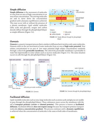 keupayaan air tinggi
kepekatan bahan
terlarut rendah
keupayaan air rendah
kepekatan bahan
terlarut tinggi
selectively permeable membrane
water molecule
sucrose
molecule
3.2.3
Simple diffusion
Simple diffusion is the movement of molecules
or ions from an area of high concentration to an
area of low concentration. The moving molecules
are said to move down the concentration
gradient until a dynamic equilibrium is achieved.
This may occur with or without the presence of
a plasma membrane. Lipid soluble molecules
(fatty acids and glycerol), oxygen and carbon
dioxide diffuse through the phospholipid bilayer
as simple diffusion (Figure 3.4).
FIGURE 3.4 Simple diffusion through the phospholipid
bilayer
Osmosis
Osmosisis a passive transport process that is similar to diffusion but it involves only water molecules.
Osmosis refers to the net movement of water molecules from an area of high water potential (low
solutes concentration) to an area of low water potential (high solutes concentration) randomly
through a selectively permeable membrane. The selectively permeable membrane is permeable to
water but impermeable to some solutes such as sucrose molecules (Figure 3.5). The same situation
occurs in cells through the phospholipid bilayer (Figure 3.6).
Facilitated diffusion
Lipid-insoluble molecules such as ions, large molecules such as amino acids and glucose are unable
to pass through the phospholipid bilayer. These substances move across the membrane with the
aid of transport proteins (carrier or channel proteins). This process is known as facilitated
diffusion. Facilitated diffusion does not require energy because the transport proteins transport
molecules down a concentration gradient. The process continues until a dynamic equilibrium
is achieved when the concentration of molecules is the same at both sides of membranes.
FIGURE 3.6 Osmosis through the phospholipid bilayer
FIGURE 3.5 Osmosis
high water potential low water potential Achieved dynamic
equilibrium
osmosis
high water potential
water molecule
low water potential
phospholipid
bilayer
high
concentration
low
concentration
phospholipid
bilayer
oxygen
Solutes:
carbon dioxide
fatty acids
glycerol
Simple diffusion
53
CHAPTER
3
BioT4(7th)-B3-FA_EN New 8th.indd 53 1/9/2020 12:15:05 PM
 
