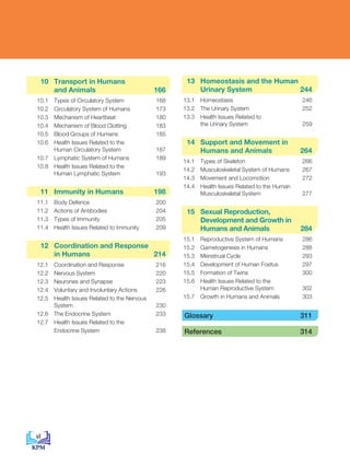 10 Transport in Humans
		 and Animals 166
10.1 Types of Circulatory System 168
10.2 Circulatory System of Humans 173
10.3 Mechanism of Heartbeat 180
10.4 Mechanism of Blood Clotting 183
10.5 Blood Groups of Humans 185
10.6 Health Issues Related to the
		 Human Circulatory System 187
10.7 Lymphatic System of Humans 189
10.8 Health Issues Related to the
		 Human Lymphatic System 193
11 Immunity in Humans 198
11.1 Body Defence 200
11.2 Actions of Antibodies 204
11.3 Types of Immunity 205
11.4 Health Issues Related to Immunity 209
12 Coordination and Response
		 in Humans 214
12.1 Coordination and Response 216
12.2 Nervous System 220
12.3 Neurones and Synapse 223
12.4 Voluntary and Involuntary Actions 226
12.5 Health Issues Related to the Nervous
		System 230
12.6 The Endocrine System 233
12.7 Health Issues Related to the
		Endocrine System 238
			
13 Homeostasis and the Human
		 Urinary System 244
13.1 Homeostasis 246
13.2 The Urinary System 252
13.3 Health Issues Related to
		 the Urinary System 259
			
14 Support and Movement in
		 Humans and Animals 264
14.1 Types of Skeleton 266
14.2 Musculoskeletal System of Humans 267
14.3 Movement and Locomotion 272
14.4 Health Issues Related to the Human
		 Musculoskeletal System 277
15 Sexual Reproduction,
		 Development and Growth in
		 Humans and Animals 284
15.1 Reproductive System of Humans 286
15.2 Gametogenesis in Humans 288
15.3 Menstrual Cycle 293
15.4 Development of Human Foetus 297
15.5 Formation of Twins 300
15.6 Health Issues Related to the
		 Human Reproductive System 302
15.7 Growth in Humans and Animals 303
		
Glossary 311
References 314
vi
 