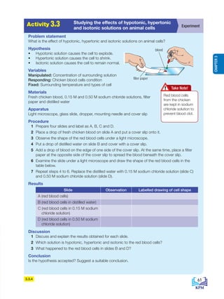 3.3.4
A
c
t
i
v
i
t
i
e
s
2
.
1
Activity 3.3 Experiment
Studying the effects of hypotonic, hypertonic
and isotonic solutions on animal cells
Problem statement
What is the effect of hypotonic, hypertonic and isotonic solutions on animal cells?
Hypothesis
• Hypotonic solution causes the cell to explode.
• Hypertonic solution causes the cell to shrink.
• Isotonic solution causes the cell to remain normal.
Variables
Manipulated: Concentration of surrounding solution
Responding: Chicken blood cells condition
Fixed: Surrounding temperature and types of cell
Materials
Fresh chicken blood, 0.15 M and 0.50 M sodium chloride solutions, filter
paper and distilled water
Apparatus
Light microscope, glass slide, dropper, mounting needle and cover slip
Procedure
1 Prepare four slides and label as A, B, C and D.
2 Place a drop of fresh chicken blood on slide A and put a cover slip onto it.
3 Observe the shape of the red blood cells under a light microscope.
4 Put a drop of distilled water on slide B and cover with a cover slip.
5 Add a drop of blood on the edge of one side of the cover slip. At the same time, place a filter
paper at the opposite side of the cover slip to spread the blood beneath the cover slip.
6 Examine the slide under a light microscope and draw the shape of the red blood cells in the
table below.
7 Repeat steps 4 to 6. Replace the distilled water with 0.15 M sodium chloride solution (slide C)
and 0.50 M sodium chloride solution (slide D).
Results
Slide Observation Labelled drawing of cell shape
A (red blood cells)
B (red blood cells in distilled water)
C (red blood cells in 0.15 M sodium
chloride solution)
D (red blood cells in 0.50 M sodium
chloride solution)
Discussion
1 Discuss and explain the results obtained for each slide.
2 Which solution is hypotonic, hypertonic and isotonic to the red blood cells?
3 What happened to the red blood cells in slides B and D?
Conclusion
Is the hypothesis accepted? Suggest a suitable conclusion.
blood
filter paper
Red blood cells
from the chicken
are kept in sodium
chloride solution to
prevent blood clot.
Take Note!
61
CHAPTER
3
BioT4(7th)-B3-FA_EN New 8th.indd 61 1/9/2020 12:15:13 PM
 