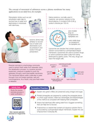 water-insoluble
drugs are
transported in the
hydrophobic area
The concept of movement of substances across a plasma membrane has many
applications in our daily lives, for example:
Saline solutions, normally used in
medicine, are isotonic solution to the
blood plasma. It contains 0.85–0.90 g
sodium chloride per 100 ml.
Rehydration drinks such as oral
rehydration salts help to
recover loss of water and
electrolytes in individuals
with diarrhoea.
water-soluble drugs
are transported in
the hydrophilic area
Isotonic drinks help
athletes to recover
loss of water and
electrolytes such
as potassium and
sodium through
perspiration.
pressure is
applied
salt water
goes in
foreign particles and
microorganisms
selectively permeable
membrane
water molecules
fresh water
comes out
Reverse osmosis is a technology commonly
used to extract fresh water from seawater using
the desalination process. In a reverse osmosis
equipment, pressure is applied to push the
seawater through a semi-permeable membrane.
The membrane allows water molecules to pass
through it but not foreign particles, salt and
microorganisms. As a result, only pure fresh water
is released.
Study the reverse
osmosis process in
water purification.
Activity Zone
ICT 3.4
Video: Liposome application
(Accessed on 21 August 2019)
Liposomes are vesicles that contain aqueous
solution surrounded by a phospholipid bilayer
membrane. Liposomes are used to protect drugs
or active substances taken orally from being
destroyed by gastric juices. This way, drugs can
reach the target cells.
3.4.3 3.4.4
1 Explain why green chillies are preserved using vinegar and sugar.
2 Pickled pineapples are prepared by soaking the pineapple pieces
in a thick sugar solution. State two advantages and disadvantages
of this method as compared with keeping fresh pineapples.
3 Ariana had diarrhoea after eating stale food. Suggest something
that can help her to recover.
4 A liposome is a vesicle that contains an aqueous solution that is
surrounded by a phospholipid bilayer membrane. Explain the use
of liposomes in everyday life.
3.4
Formative Practice
66
BioT4(7th)-B3-FA_EN New 8th.indd 66 1/9/2020 12:15:21 PM
 