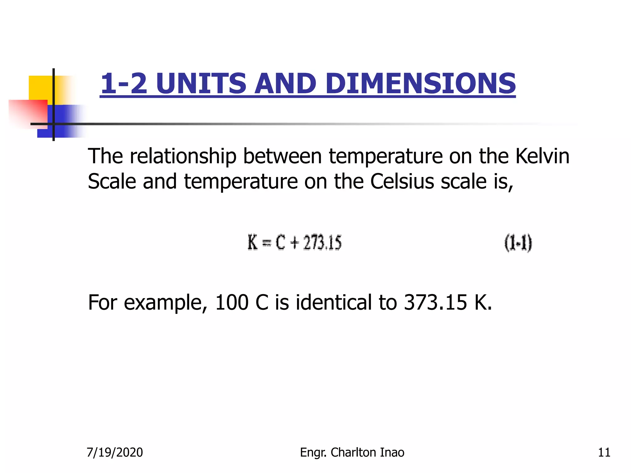 1-2 UNITS AND DIMENSIONS
11
The relationship between temperature on the Kelvin
Scale and temperature on the Celsius scale is,
For example, 100 C is identical to 373.15 K.
7/19/2020 Engr. Charlton Inao
 
