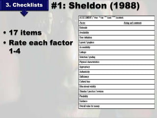 3. Checklists   #1: Sheldon (1988)


• 17 items
• Rate each factor
  1-4
 