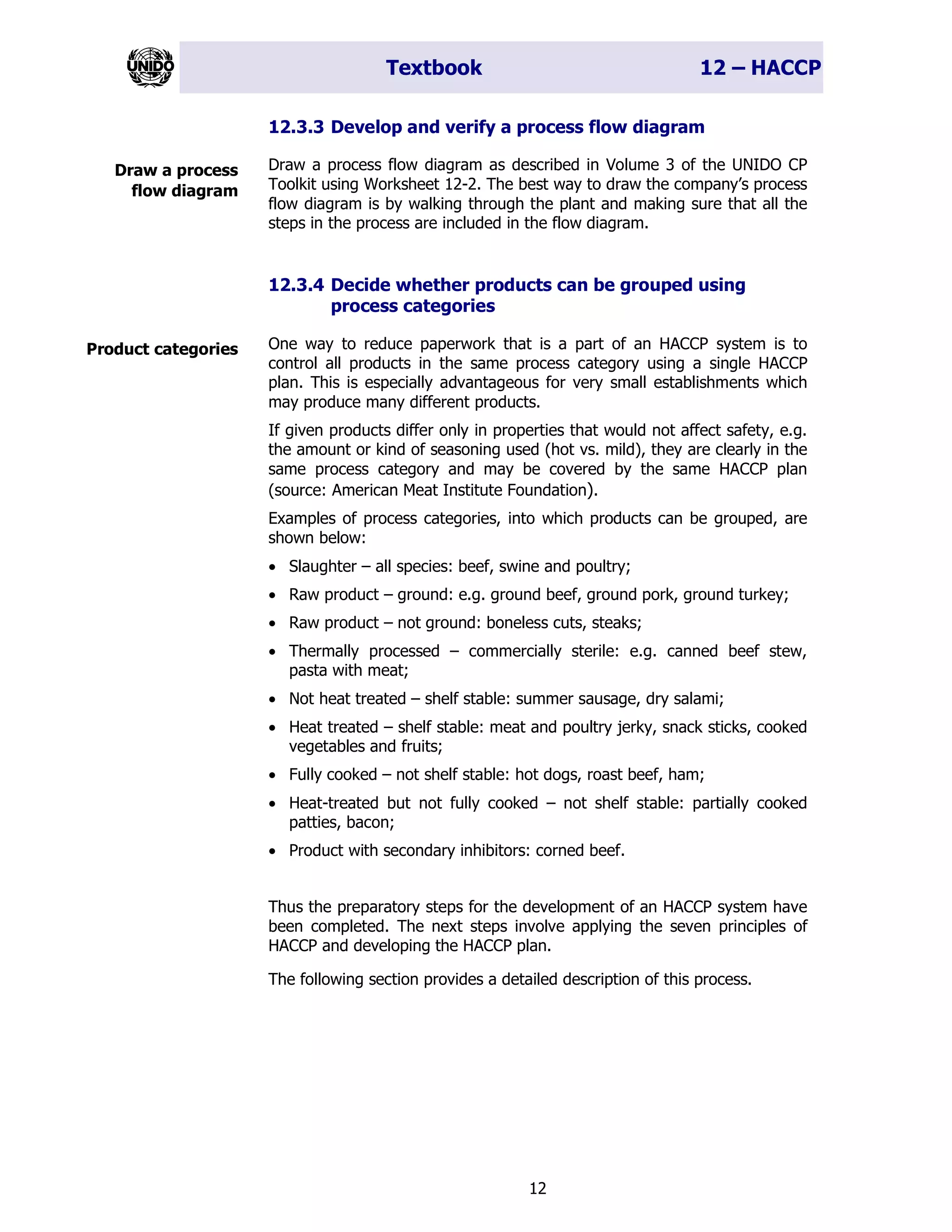 Textbook 12 – HACCP
12
12.3.3 Develop and verify a process flow diagram
Draw a process flow diagram as described in Volume 3 of the UNIDO CP
Toolkit using Worksheet 12-2. The best way to draw the company’s process
flow diagram is by walking through the plant and making sure that all the
steps in the process are included in the flow diagram.
12.3.4 Decide whether products can be grouped using
process categories
One way to reduce paperwork that is a part of an HACCP system is to
control all products in the same process category using a single HACCP
plan. This is especially advantageous for very small establishments which
may produce many different products.
If given products differ only in properties that would not affect safety, e.g.
the amount or kind of seasoning used (hot vs. mild), they are clearly in the
same process category and may be covered by the same HACCP plan
(source: American Meat Institute Foundation).
Examples of process categories, into which products can be grouped, are
shown below:
• Slaughter – all species: beef, swine and poultry;
• Raw product – ground: e.g. ground beef, ground pork, ground turkey;
• Raw product – not ground: boneless cuts, steaks;
• Thermally processed – commercially sterile: e.g. canned beef stew,
pasta with meat;
• Not heat treated – shelf stable: summer sausage, dry salami;
• Heat treated – shelf stable: meat and poultry jerky, snack sticks, cooked
vegetables and fruits;
• Fully cooked – not shelf stable: hot dogs, roast beef, ham;
• Heat-treated but not fully cooked – not shelf stable: partially cooked
patties, bacon;
• Product with secondary inhibitors: corned beef.
Thus the preparatory steps for the development of an HACCP system have
been completed. The next steps involve applying the seven principles of
HACCP and developing the HACCP plan.
The following section provides a detailed description of this process.
Draw a process
flow diagram
Product categories
 
