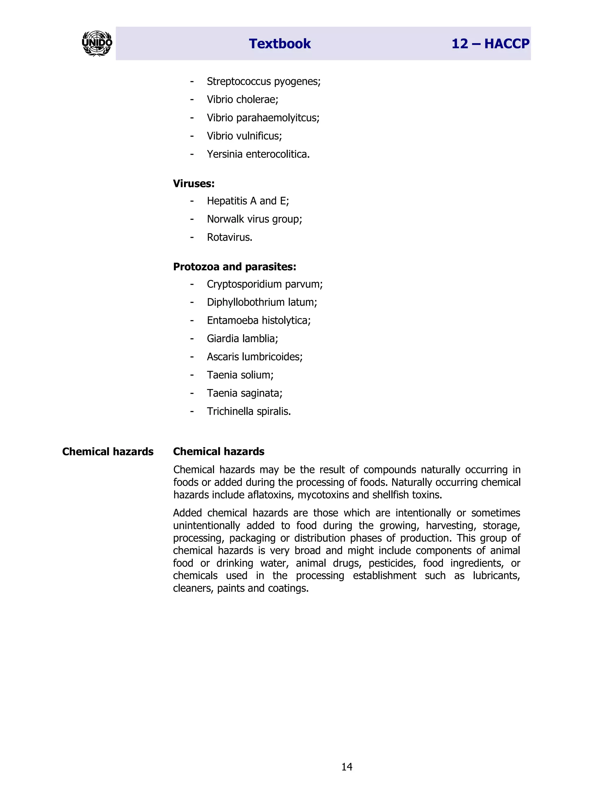 Textbook 12 – HACCP
14
- Streptococcus pyogenes;
- Vibrio cholerae;
- Vibrio parahaemolyitcus;
- Vibrio vulnificus;
- Yersinia enterocolitica.
Viruses:
- Hepatitis A and E;
- Norwalk virus group;
- Rotavirus.
Protozoa and parasites:
- Cryptosporidium parvum;
- Diphyllobothrium latum;
- Entamoeba histolytica;
- Giardia lamblia;
- Ascaris lumbricoides;
- Taenia solium;
- Taenia saginata;
- Trichinella spiralis.
Chemical hazards
Chemical hazards may be the result of compounds naturally occurring in
foods or added during the processing of foods. Naturally occurring chemical
hazards include aflatoxins, mycotoxins and shellfish toxins.
Added chemical hazards are those which are intentionally or sometimes
unintentionally added to food during the growing, harvesting, storage,
processing, packaging or distribution phases of production. This group of
chemical hazards is very broad and might include components of animal
food or drinking water, animal drugs, pesticides, food ingredients, or
chemicals used in the processing establishment such as lubricants,
cleaners, paints and coatings.
Chemical hazards
 