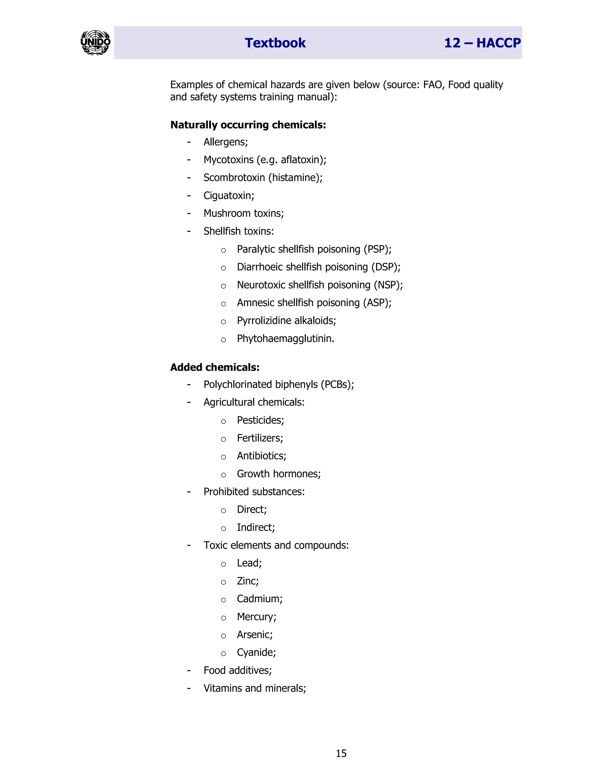 Textbook 12 – HACCP
15
Examples of chemical hazards are given below (source: FAO, Food quality
and safety systems training manual):
Naturally occurring chemicals:
- Allergens;
- Mycotoxins (e.g. aflatoxin);
- Scombrotoxin (histamine);
- Ciguatoxin;
- Mushroom toxins;
- Shellfish toxins:
o Paralytic shellfish poisoning (PSP);
o Diarrhoeic shellfish poisoning (DSP);
o Neurotoxic shellfish poisoning (NSP);
o Amnesic shellfish poisoning (ASP);
o Pyrrolizidine alkaloids;
o Phytohaemagglutinin.
Added chemicals:
- Polychlorinated biphenyls (PCBs);
- Agricultural chemicals:
o Pesticides;
o Fertilizers;
o Antibiotics;
o Growth hormones;
- Prohibited substances:
o Direct;
o Indirect;
- Toxic elements and compounds:
o Lead;
o Zinc;
o Cadmium;
o Mercury;
o Arsenic;
o Cyanide;
- Food additives;
- Vitamins and minerals;
 