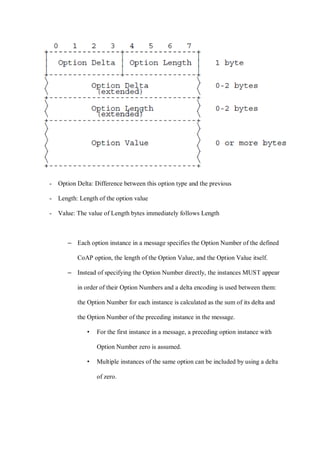 - Option Delta: Difference between this option type and the previous
- Length: Length of the option value
- Value: The value of Length bytes immediately follows Length
– Each option instance in a message specifies the Option Number of the defined
CoAP option, the length of the Option Value, and the Option Value itself.
– Instead of specifying the Option Number directly, the instances MUST appear
in order of their Option Numbers and a delta encoding is used between them:
the Option Number for each instance is calculated as the sum of its delta and
the Option Number of the preceding instance in the message.
• For the first instance in a message, a preceding option instance with
Option Number zero is assumed.
• Multiple instances of the same option can be included by using a delta
of zero.
 