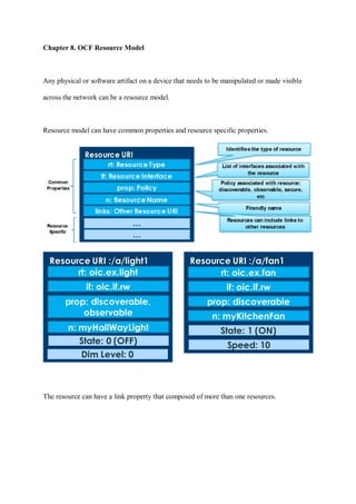 Chapter 8. OCF Resource Model
Any physical or software artifact on a device that needs to be manipulated or made visible
across the network can be a resource model.
Resource model can have common properties and resource specific properties.
14
Resource URI :/a/light1
rt: oic.ex.light
if: oic.if.rw
prop: discoverable,
observable
n: myHallWayLight
State: 0 (OFF)
Dim Level: 0
Resource URI :/a/fan1
rt: oic.ex.fan
if: oic.if.rw
prop: discoverable
n: myKitchenFan
State: 1 (ON)
Speed: 10
The resource can have a link property that composed of more than one resources.
 