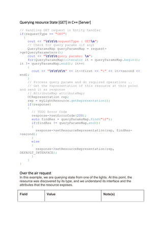 Querying resource State [GET] in C++ [Server]
// Handling GET request in Entity handler
if(requestType == "GET")
{
cout << "tttrequestType : GETn";
// Check for query params (if any)
QueryParamsMap queryParamsMap = request-
>getQueryParameters();
cout << "tttquery params: n";
for(QueryParamsMap::iterator it = queryParamsMap.begin();
it != queryParamsMap.end(); it++)
{
cout << "tttt" << it->first << ":" << it->second <<
endl;
}
// Process query params and do required operations ..
// Get the representation of this resource at this point
and send it as response
// AttributeMap attributeMap;
OCRepresentation rep;
rep = myLightResource.getRepresentation();
if(response)
{
// TODO Error Code
response->setErrorCode(200);
auto findRes = queryParamsMap.find("if");
if(findRes != queryParamsMap.end())
{
response->setResourceRepresentation(rep, findRes-
>second);
}
else
{
response->setResourceRepresentation(rep,
DEFAULT_INTERFACE);
}
}
}
Over the air request
In this example, we are querying state from one of the lights. At this point, the
resource was discovered by its type, and we understand its interface and the
attributes that the resource exposes.
Field Value Note(s)
 