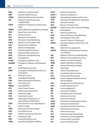 xx Textbook of Obstetrics
DE : Dilatation and Evacuation
DBP : Diastolic Blood Pressure
DFMC : Daily Fetal Movement Counting
DIC : Disseminated Intravascular
Coagulopathy
DIPSI : Diabetes in Pregnancy Study Group
India
DMPA : Depot Medroxy Progesterone Acetate
DTA : Deep Transverse Arrest
DV : Ductus Venosus
DVT : Deep Vein Thrombosis
EFM : Electronic Fetal Monitoring
EACA : Epsilon Amino Caproic Acid
EAS : External Anal Sphincter
ECG : Electro Cardiography
ECV : External Cephalic Version
EDD : Expected Date of Delivery
EFM : Electronic Fetal Monitoring
EGN : Etonogestrel
EmOC : Emergency Obstetric Care
EmONC : Emergency Obstetric and Newborn
Care
EPF : Early Pregnancy Factor
ERPC : Evacuation of Retained Products of
Conception
ES : Embryonic Stem
FBS : Fetal Blood Sampling
FDP : Fibrin Degradation Products
FFA : Free Fatty Acid
ffDNA : free fetal DNA
FFP : Fresh Frozen Plasma
FGR : Fetal Growth Restriction
FHR : Fetal Heart Rate
FHS : Fetal Heart Sound
FIGO : International Federation of
Gynecology and Obstetrics
FISH : Fluorescence in situ Hybridization
FL : Femur Length
FMH : Fetomaternal Hemorrhage
FRU : First Referral Unit
FSH : Follicle-stimulating Hormone
GA : Gestational Age
GBS : Group B Streptococcus
GDM : Gestational Diabetes Mellitus
GLUT : Glucose Transporter
GLUT-1 : Glucose Transporter-1
GnRH : Gonadotropin-releasing Hormone
GTN : Gestational Trophoblastic Neoplasia
GTN : Glyceryl Trinitrate
GTT : Glucose Tolerance Test
HAART : Highly Active Anti-retroviral Therapy
Hb : Hemoglobin
HC : Head Circumference
hCG : Human Chorionic Gonadotropin
HCS : Hemopoietic Stem Cells
hCT : Human Chorionic Thyrotropin
HDFN : Hemolytic Disease of the Fetus and
Newborn
HDL : High Density Lipoprotein
HELLP : Hemolysis, Elevated Liver Enzymes,
Low Platelet
HIE : Hypoxic Ischemic Encephalopathy
HIV : Human Immunodeficiency Virus
HLA : Human Leucocyte Antigen
HMD : Hyaline Membrane Disease
HPL : Human Placental Lactogen
HR : Heart Rate
IAS : Internal Anal Sphincter
ICA : Incordinate Uterine Action
ICH : Intracranial Hemorrhage
ICOG : Indian College of Obstetricians 
Gynaecologists
IFM : Intrapartum Fetal Monitoring
IGF-1 : Insulin Growth Factor-1
IgG : Immunoglobulin G
IOL : Induction of Labour
IPT : Intraperitoneal Transfusion
ITU : Intensive Care Unit
IUD : Intrauterine Device
IUCD : Intrauterine Contraceptive Device
IUFD : Intrauterine Fetal Death
IUGR : Intrauterine Growth Restriction
IUT : Intrauterine Transfusion
IVC : Inferior Vena Cava
IVH : Intraventricular Hemorrhage
IVIg : Intravenous Immunoglobulin
IVT : Intravascular Transfusion
JSY : Janani Suraksha Yojana
 
