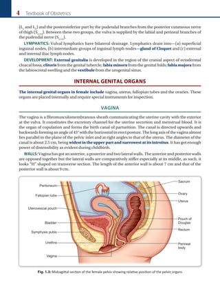 4 Textbook of Obstetrics
(L1
and L2
) and the posteroinferior part by the pudendal branches from the posterior cutaneous nerve
of thigh (S1.2.3
). Between these two groups, the vulva is supplied by the labial and perineal branches of
the pudendal nerve (S2.3.4
).
LYMPHATICS: Vulval lymphatics have bilateral drainage. Lymphatics drain into—(a) superficial
inguinal nodes, (b) intermediate groups of inguinal lymph nodes—gland of Cloquet and (c) external
and internal iliac lymph nodes.
DEVELOPMENT: External genitalia is developed in the region of the cranial aspect of ectodermal
cloacal fossa; clitoris from the genital tubercle; labia minora from the genital folds; labia majora from
the labioscrotal swelling and the vestibule from the urogenital sinus.
INTERNAL GENITAL ORGANS
The internal genital organs in female include vagina, uterus, fallopian tubes and the ovaries. These
organs are placed internally and require special instruments for inspection.
VAGINA
The vagina is a fibromusculomembranous sheath communicating the uterine cavity with the exterior
at the vulva. It constitutes the excretory channel for the uterine secretion and menstrual blood. It is
the organ of copulation and forms the birth canal of parturition. The canal is directed upwards and
backwards forming an angle of 45° with the horizontal in erect posture. The long axis of the vagina almost
lies parallel to the plane of the pelvic inlet and at right angles to that of the uterus. The diameter of the
canal is about 2.5 cm, being widest in the upper part and narrowest at its introitus. It has got enough
power of distensibility as evident during childbirth.
WALLS: Vagina has got an anterior, a posterior and two lateral walls. The anterior and posterior walls
are opposed together but the lateral walls are comparatively stiffer especially at its middle, as such, it
looks “H” shaped on transverse section. The length of the anterior wall is about 7 cm and that of the
posterior wall is about 9 cm.
Fig. 1.3: Midsagittal section of the female pelvis showing relative position of the pelvic organs
 