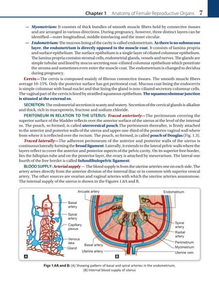 Chapter 1 Anatomy of Female Reproductive Organs 7
— Myometrium: It consists of thick bundles of smooth muscle fibers held by connective tissues
and are arranged in various directions. During pregnancy, however, three distinct layers can be
identified—outer longitudinal, middle interlacing and the inner circular.
— Endometrium:Themucousliningofthecavityiscalledendometrium. Asthereisnosubmucous
layer, the endometrium is directly opposed to the muscle coat. It consists of lamina propria
and surface epithelium. The surface epithelium is a single layer of ciliated columnar epithelium.
The lamina propria contains stromal cells, endometrial glands, vessels and nerves. The glands are
simple tubular and lined by mucus secreting non–ciliated columnar epithelium which penetrate
the stroma and sometimes even enter the muscle coat. The endometrium is changed to decidua
during pregnancy.
Cervix—The cervix is composed mainly of fibrous connective tissues. The smooth muscle fibers
average 10–15%. Only the posterior surface has got peritoneal coat. Mucous coat lining the endocervix
is simple columnar with basal nuclei and that lining the gland is non-ciliated secretory columnar cells.
Thevaginalpartofthecervixislinedbystratifiedsquamousepithelium.Thesquamocolumnarjunction
is situated at the external os.
SECRETION:Theendometrialsecretionisscantyandwatery.Secretionofthecervicalglandsisalkaline
and thick, rich in mucoprotein, fructose and sodium chloride.
PERITONEUM IN RELATION TO THE UTERUS: Traced anteriorly—The peritoneum covering the
superior surface of the bladder reflects over the anterior surface of the uterus at the level of the internal
os. The pouch, so formed, is called uterovesical pouch.The peritoneum thereafter, is firmly attached
to the anterior and posterior walls of the uterus and upper one-third of the posterior vaginal wall where
from where it is reflected over the rectum. The pouch, so formed, is called pouch of Douglas (Fig. 1.3).
Traced laterally—The adherent peritoneum of the anterior and posterior walls of the uterus is
continuouslaterallyformingthe broadligament.Laterally,itextendstothelateralpelvicwallswherethe
layers reflect to cover the anterior and posterior aspects of the pelvic cavity. On its superior free border,
lies the fallopian tube and on the posterior layer, the ovary is attached by mesovarium. The lateral one
fourth of the free border is called Infundibulopelvic ligament.
BLOODSUPPLY: Arterialsupply—Thebloodsupplyisfromtheuterinearteriesoneoneachside.The
artery arises directly from the anterior division of the internal iliac or in common with superior vesical
artery. The other sources are ovarian and vaginal arteries with which the uterine arteries anastomose.
The internal supply of the uterus is shown in the Figures 1.6A and B.
Figs 1.6A and B: (A) Showing pattern of basal and spiral arteries in the endometrium;
(B) Internal blood supply of uterus
A B
 