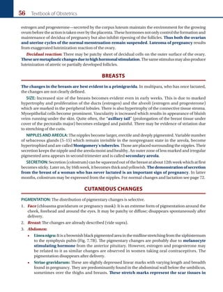 56 Textbook of Obstetrics
estrogen and progesterone—secreted by the corpus luteum maintain the environment for the growing
ovum before the action is taken over by the placenta. These hormones not only control the formation and
maintenance of decidua of pregnancy but also inhibit ripening of the follicles. Thus both the ovarian
and uterine cycles of the normal menstruation remain suspended. Luteoma of pregnancy results
from exaggerated luteinization reaction of the ovary.
Decidual reaction: There may be patchy sheet of decidual cells on the outer surface of the ovary.
Thesearemetaplasticchangesduetohighhormonalstimulation.Thesamestimulusmayalsoproduce
luteinization of atretic or partially developed follicles.
BREASTS
The changes in the breasts are best evident in a primigravida. In multipara, who has once lactated,
the changes are not clearly defined.
SIZE: Increased size of the breasts becomes evident even in early weeks. This is due to marked
hypertrophy and proliferation of the ducts (estrogen) and the alveoli (estrogen and progesterone)
which are marked in the peripheral lobules. There is also hypertrophy of the connective tissue stroma.
Myoepithelial cells become prominent. Vascularity is increased which results in appearance of bluish
veins running under the skin. Quite often, the “axillary tail” (prolongation of the breast tissue under
cover of the pectoralis major) becomes enlarged and painful. There may be evidence of striation due
to stretching of the cutis.
NIPPLES AND AREOLA: The nipples become larger, erectile and deeply pigmented. Variable number
of sebaceous glands (5–15) which remain invisible in the nonpregnant state in the areola, become
hypertrophied and are called Montgomery’stubercles. Those are placed surrounding the nipples. Their
secretion keeps the nipple and the areola moist and healthy. An outer zone of less marked and irregular
pigmented area appears in second trimester and is called secondary areola.
SECRETION: Secretion (colostrum) can be squeezed out of the breast at about 12th week which at first
becomes sticky. Later on, by 16th week, it becomes thick and yellowish. Thedemonstrationofsecretion
from the breast of a woman who has never lactated is an important sign of pregnancy. In latter
months, colostrum may be expressed from the nipples. For normal changes and lactation see page 72.
CUTANEOUS CHANGES
PIGMENTATION: The distribution of pigmentary changes is selective.
1. Face (chloasma gravidarum or pregnancy mask): It is an extreme form of pigmentation around the
cheek, forehead and around the eyes. It may be patchy or diffuse; disappears spontaneously after
delivery.
2. Breast: The changes are already described (vide supra).
3. Abdomen:
• Lineanigra:Itisabrownishblackpigmentedareainthemidlinestretchingfromthexiphisternum
to the symphysis pubis (Fig. 7.7B). The pigmentary changes are probably due to melanocyte
stimulating hormone from the anterior pituitary. However, estrogen and progesterone may
be related to it as similar changes are observed in women taking oral contraceptives. The
pigmentation disappears after delivery.
• Striae gravidarum: These are slightly depressed linear marks with varying length and breadth
found in pregnancy. They are predominantly found in the abdominal wall below the umbilicus,
sometimes over the thighs and breasts. These stretch marks represent the scar tissues in
Ch-05.indd 56 2/4/2015 10:54:25 AM
 