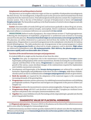 Chapter 6 Endocrinology in Relation to Reproduction 69
Fetoplacental unit and biosynthesis of estriol:
The placenta is an incomplete endocrine organ as it has no capability of independent steroidogenesis
like that of ovary. For steroidogenesis, it depends much on the precursors derived mainly from the fetal
and partly from the maternal sources. Fetal adrenal gland and the placenta contain the complementary
enzyme system. This is the key of Diczfalusy’s concept of fetoplacental or better still maternal-
fetoplacental unit.The biosynthesis pathway in the final formation of estriol is shown diagrammatically
in the scheme above.
Estriol is first detectable at 9 weeks (0.05 ng/ml) and increases gradually to about 30 ng/ml at term.
Fetal death, fetal anomalies (adrenal atrophy, anencephaly, Down’s syndrome), hydatidiform moles,
placental sulfatase or aromatase deficiency are associated with low estriol.
PROGESTERONE: Before 6 weeks of pregnancy, the corpus luteum secretes 17-hydroxyprogesterone.
Following the development of trophoblast, progesterone is synthesized and secreted in increasing
amount from the placenta. Precursors from fetal origin are not necessary as in estrogen production.
The placenta can utilize cholesterol as a precursor derived from the mother for the production of
pregnenolone. Pregnenolone is converted to progesterone in the endoplasmic reticulum by 3 b-hydroxy
steroid dehydrogenase. The daily production rate of progesterone in late normal pregnancy is about
250 mg. Low progesterone levels are observed in ectopic pregnancy and in abortion. High values
are observed in hydatidiform mole, Rh-isoimmunization. After delivery, the plasma progesterone
decreases rapidly and is not detectable after 24 hours.
Functions of the steroid hormones (estrogen and progesterone):
It is indeed difficult to single out the function of one from the other.
 Together they play an important role in the maintenance of pregnancy. Estrogen causes
hypertrophy and hyperplasia of the uterine myometrium, thereby increasing the accommodation
capacity and blood flow of the uterus. Progesterone in conjunction with estrogen stimulates
growth of the uterus, causes decidual changes of the endometrium required for implantation
and it inhibits myometrial contraction.
 Development and hypertrophy of the breasts during pregnancy are achieved by a number of
hormones. Hypertrophy and proliferation of the ducts are due to estrogen, while those of lobulo-
alveolarsystemareduetocombinedactionofestrogenandprogesterone(detailsaregivenbelow).
 Both the steroids are required for the adaptation of the maternal organs to the constantly
increasing demands of the growing fetus.
 Progesteronemaintains uterine quiescence, by stabilizing lysosomal membranes and inhibiting
prostaglandin synthesis. Progesterone and estrogens are antagonistic in the process of labor (see
Chapter 12).
 Estrogens sensitizes the myometrium to oxytocin and prostaglandins. Estrogens ripen the cervix.
 Progesterone along with hCG and decidual cortisol inhibits T-lymphocyte mediated tissue
rejection and protects the conceptus (immunomodulatory role).
 Together they cause inhibition of cyclic fluctuating activity of gonadotropin–gonadal axis thereby
preserving gonadal function.
DIAGNOSTIC VALUE OF PLACENTAL HORMONES
(a) Diagnosis of pregnancy—Presence of hCG in the plasma can be detected by radioimmunoassay
and in urine either by biological or immunological tests.
Radioimmunoassay can detect minute quantity of plasma hCG b subunit soon after the implantation
of blastocyst but biological and immunological tests do not become positive at least 44 days after the
last menstrual period.
Ch-06.indd 69 2/4/2015 10:56:23 AM
 