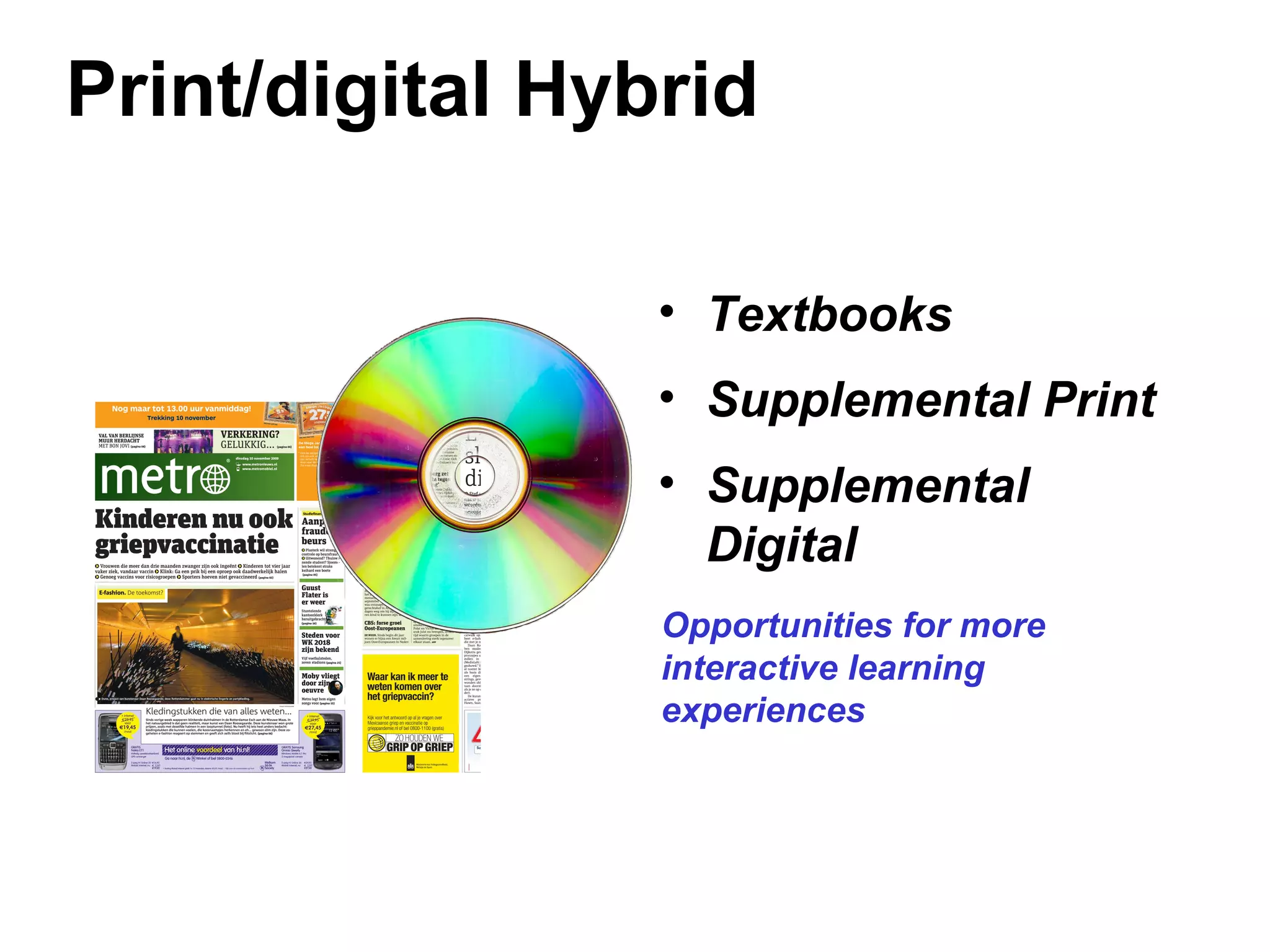 Print/digital Hybrid
• Textbooks
• Supplemental Print
• Supplemental
Digital
Opportunities for more
interactive learning
experiences
 