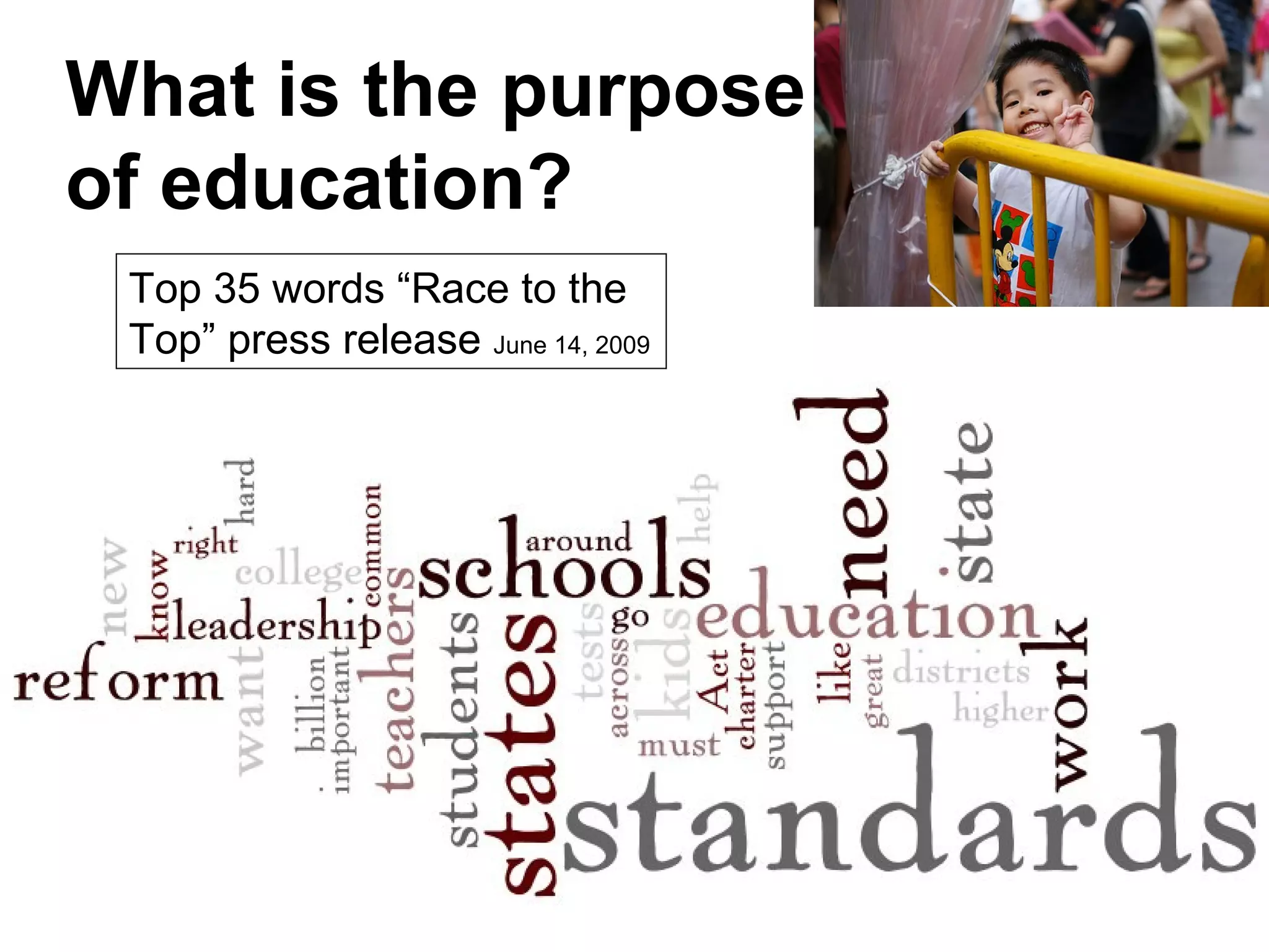 What is the purpose
of education?
Top 35 words “Race to the
Top” press release June 14, 2009
 