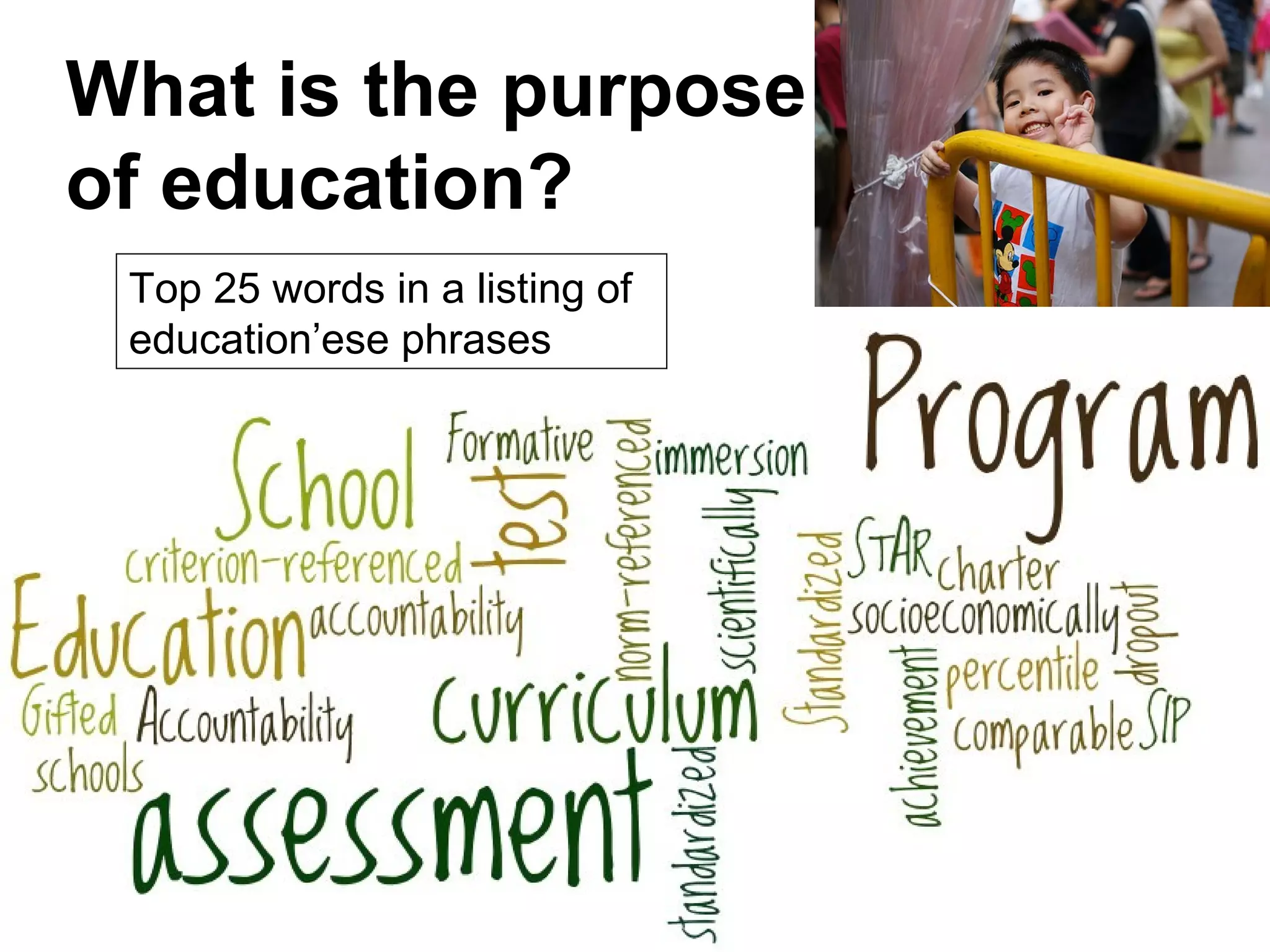 What is the purpose
of education?
Top 25 words in a listing of
education’ese phrases
 