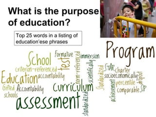 What is the purpose
of education?
Top 25 words in a listing of
education’ese phrases
 