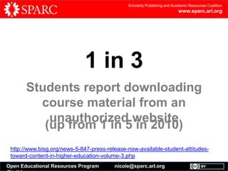 Scholarly Publishing and Academic Resources Coalition

www.sparc.arl.org

1 in 3
Students report downloading
course material from an
unauthorized website
(up from 1 in 5 in 2010)
http://www.bisg.org/news-5-847-press-release-now-available-student-attitudestoward-content-in-higher-education-volume-3.php
Open Educational Resources Program

nicole@sparc.arl.org

 