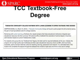 Scholarly Publishing and Academic Resources Coalition

www.sparc.arl.org

TCC Textbook-Free
Degree

Open Educational Resources Program

nicole@sparc.arl.org

 