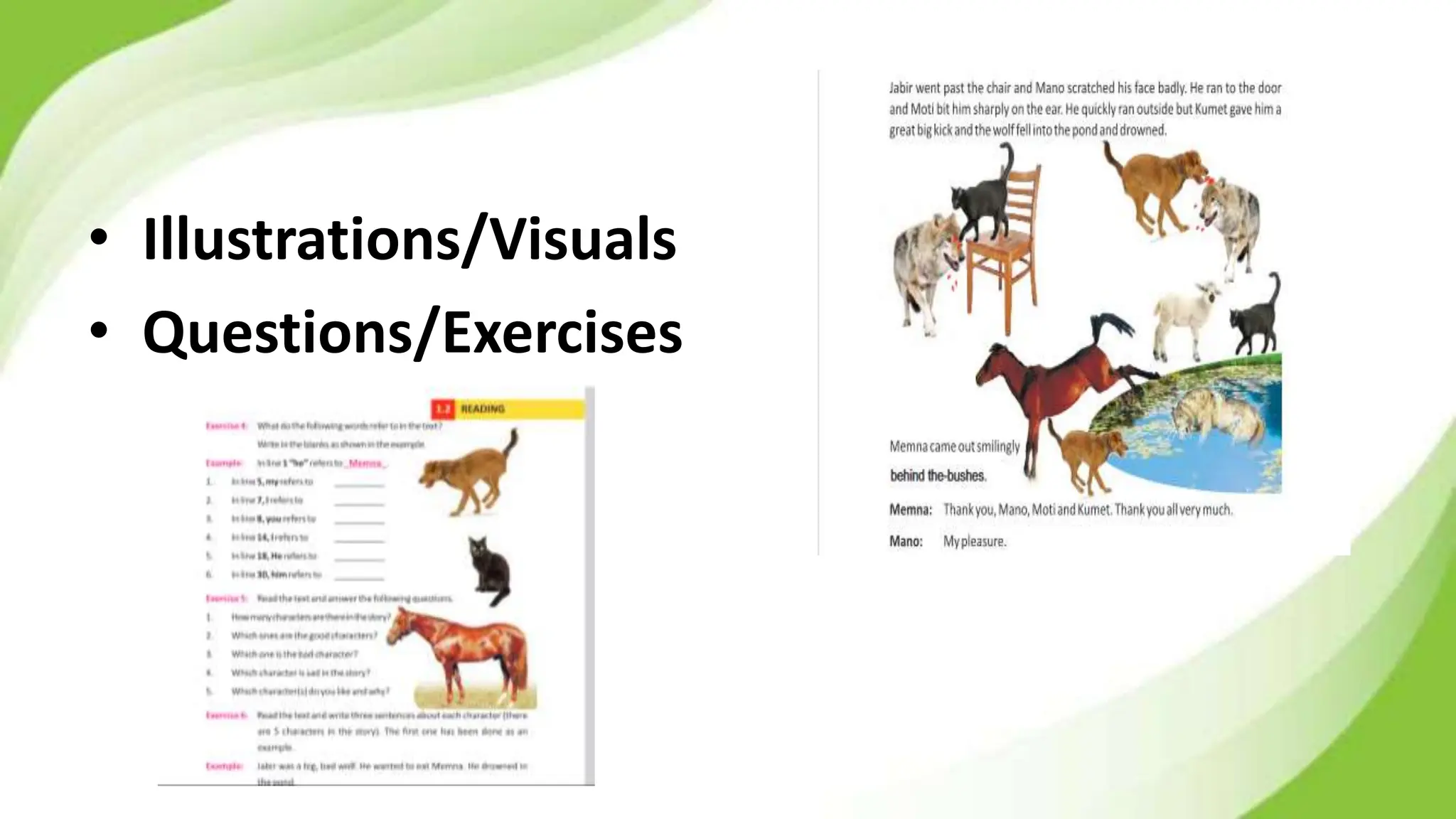 • Illustrations/Visuals
• Questions/Exercises
 