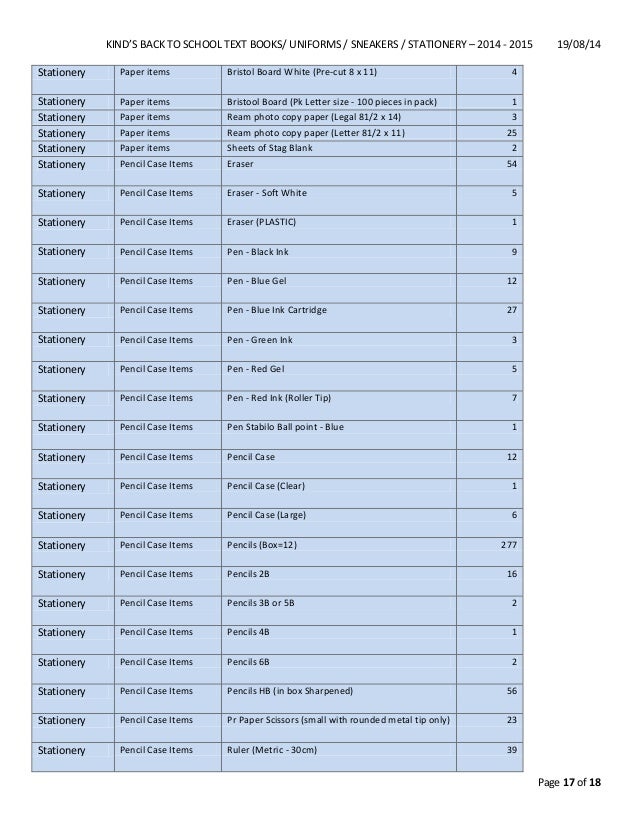 stationery items list